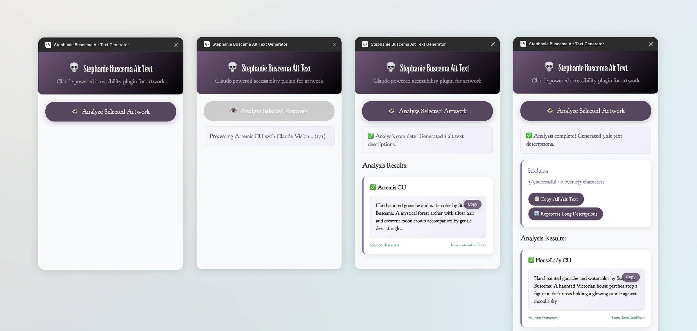 Four panels showing the Stephanie Buscema Alt Text Generator plugin workflow: initial state, processing, completed analysis with generated descriptions for Artemis CU and HouseLady CU artworks, and bulk actions panel.