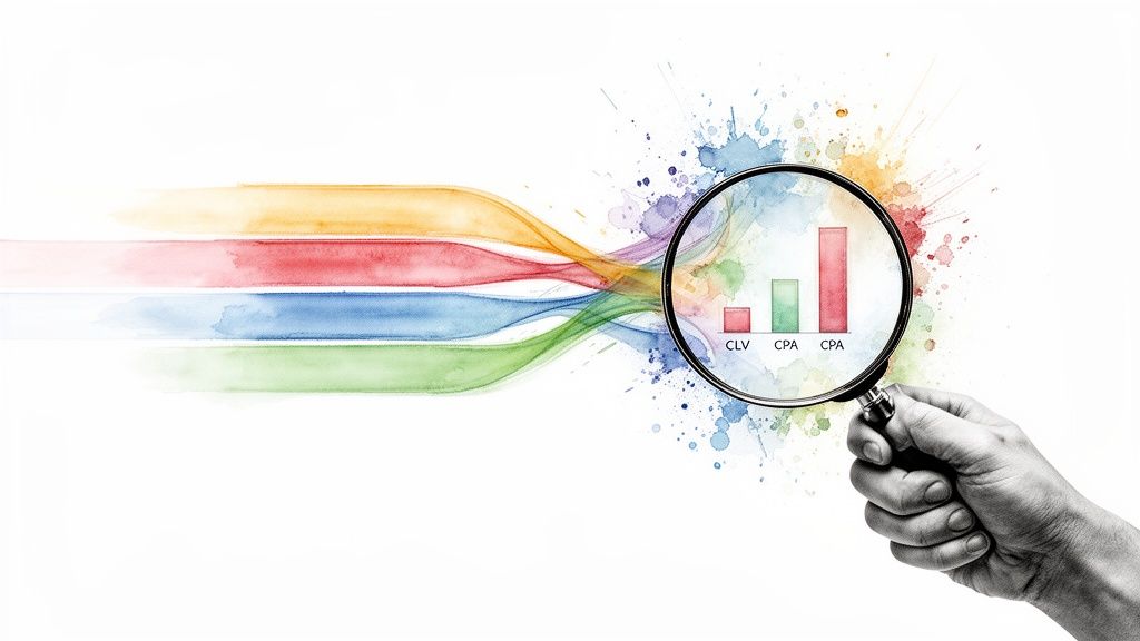 Hand analyzing marketing metrics (CLV, CPA) in a bar chart with a magnifying glass, fed by colorful streams.