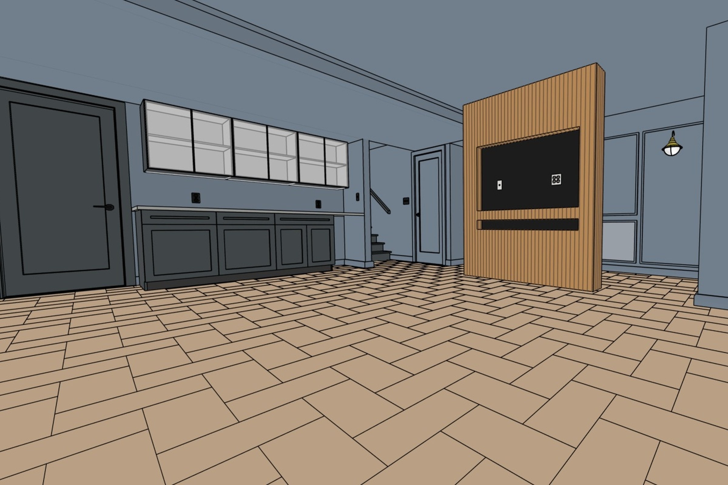Crestmont basement 3D design view: family room looking toward the dry bar and slatted media wall