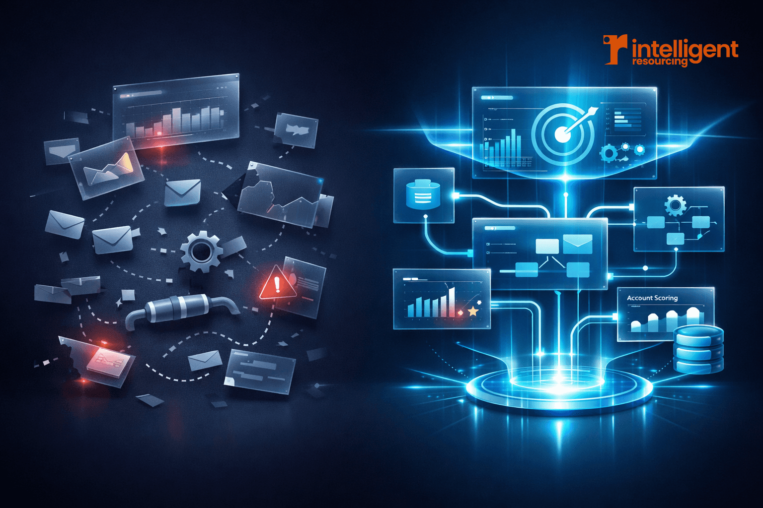 3D illustration contrasting standard channel management as fragmented, disconnected activity with signal-based growth as a precise system of buyer signals, CRM routing and automated workflows.