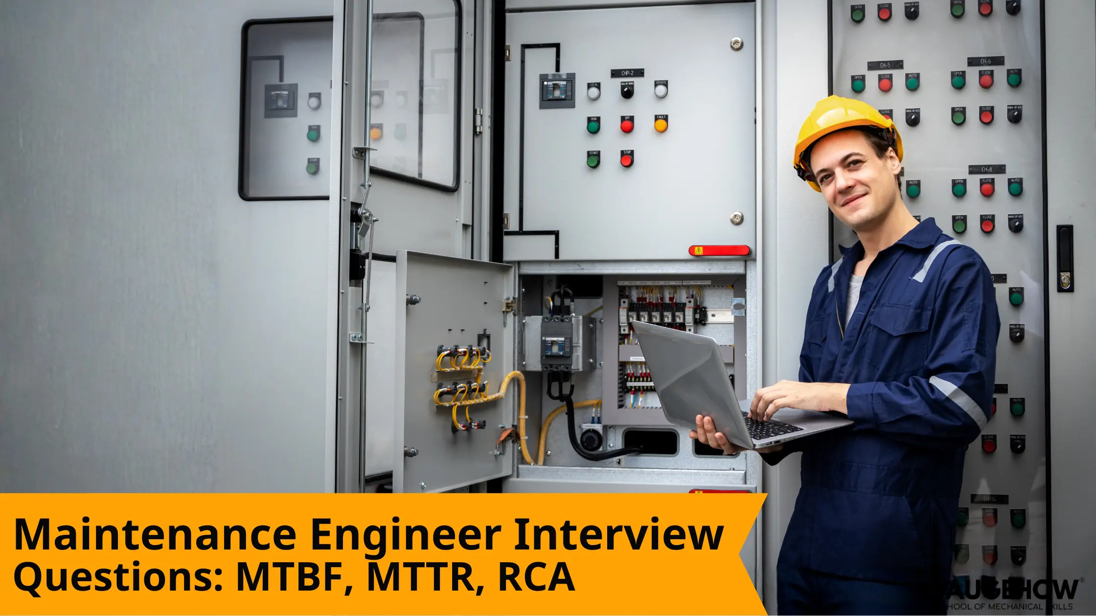 Maintenance engineer with laptop inspecting control panel