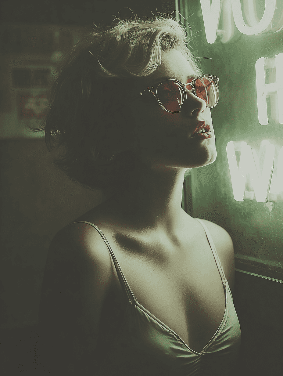 A woman with short blonde hair and red-tinted sunglasses stands in front of a glowing green neon sign, wearing a satin camisole, her face bathed in soft light and shadows.