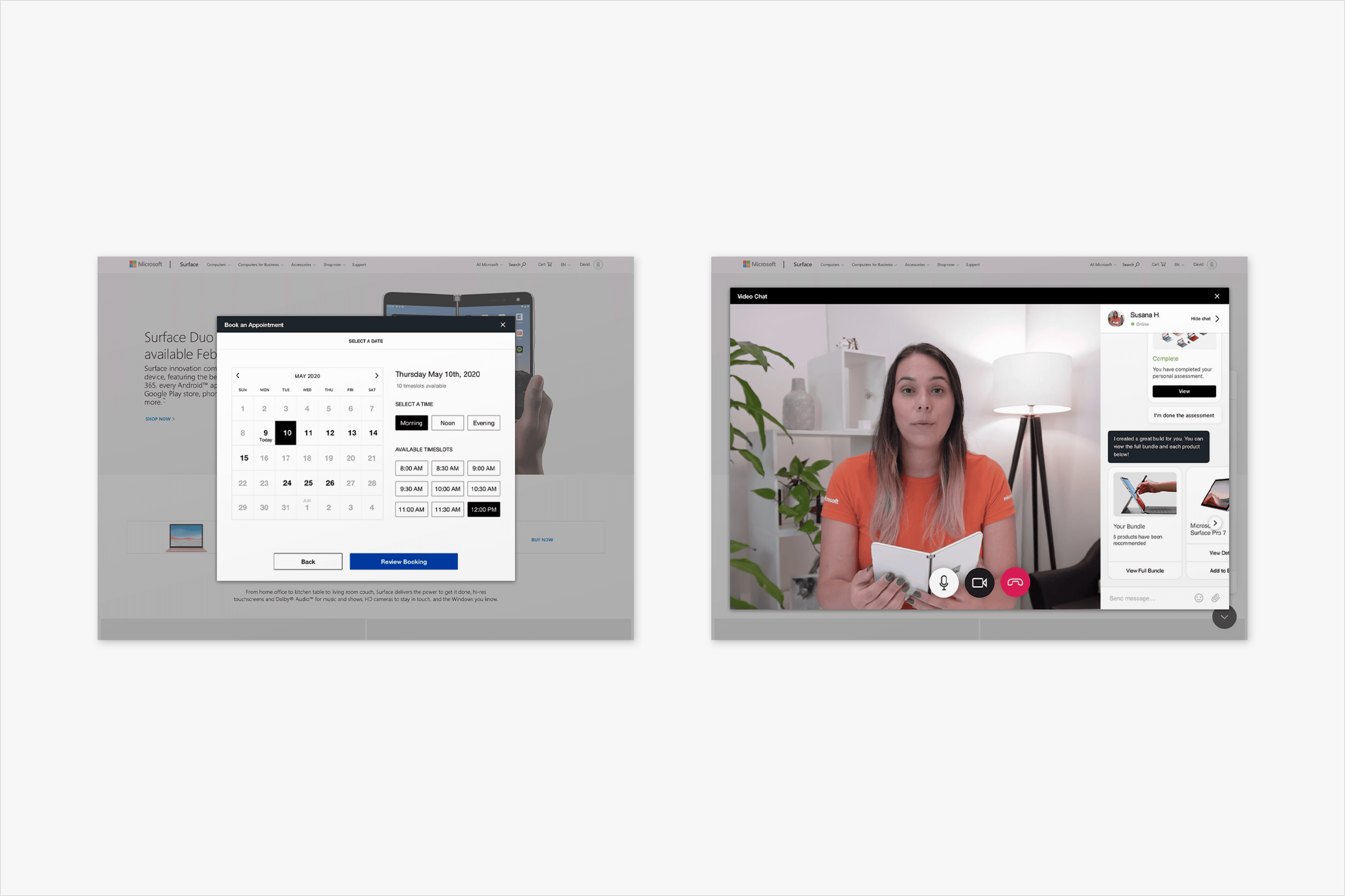 Two images. Left image shows scheduling tool for Associate support. Right image is video chat with customer associate