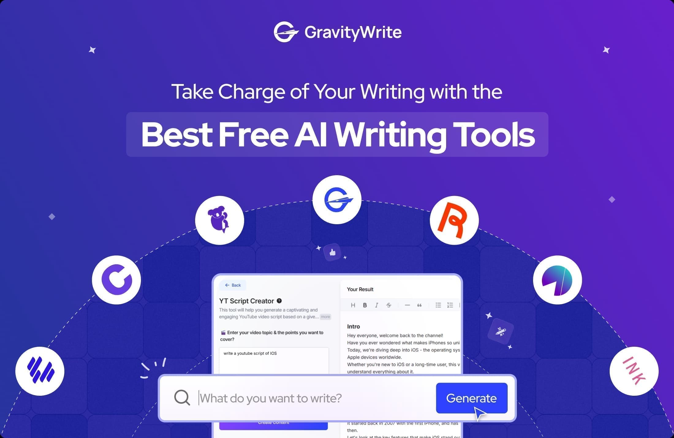 Snapshot of GravityWrite ad with a purple gradient background showcasing best free ai writing tools with icons, text, and a search bar 