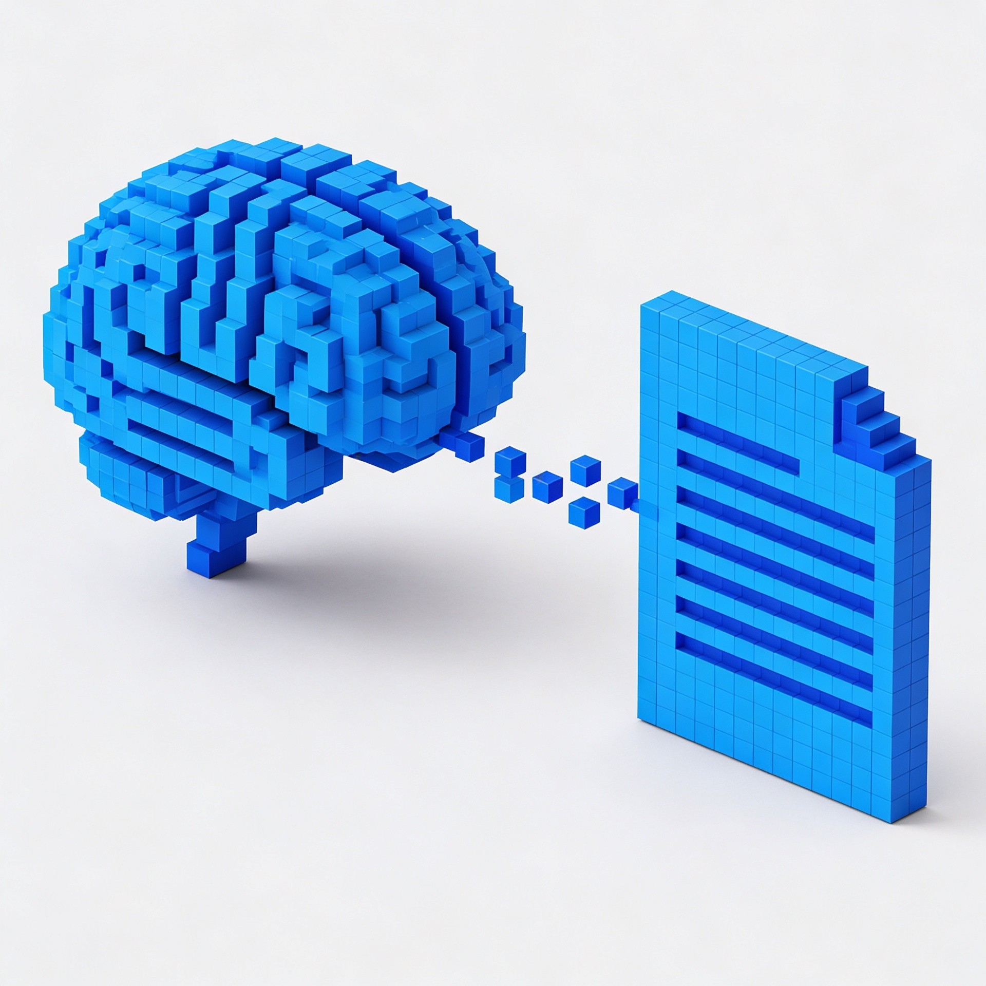 Blue voxel brain and document connected by cubes