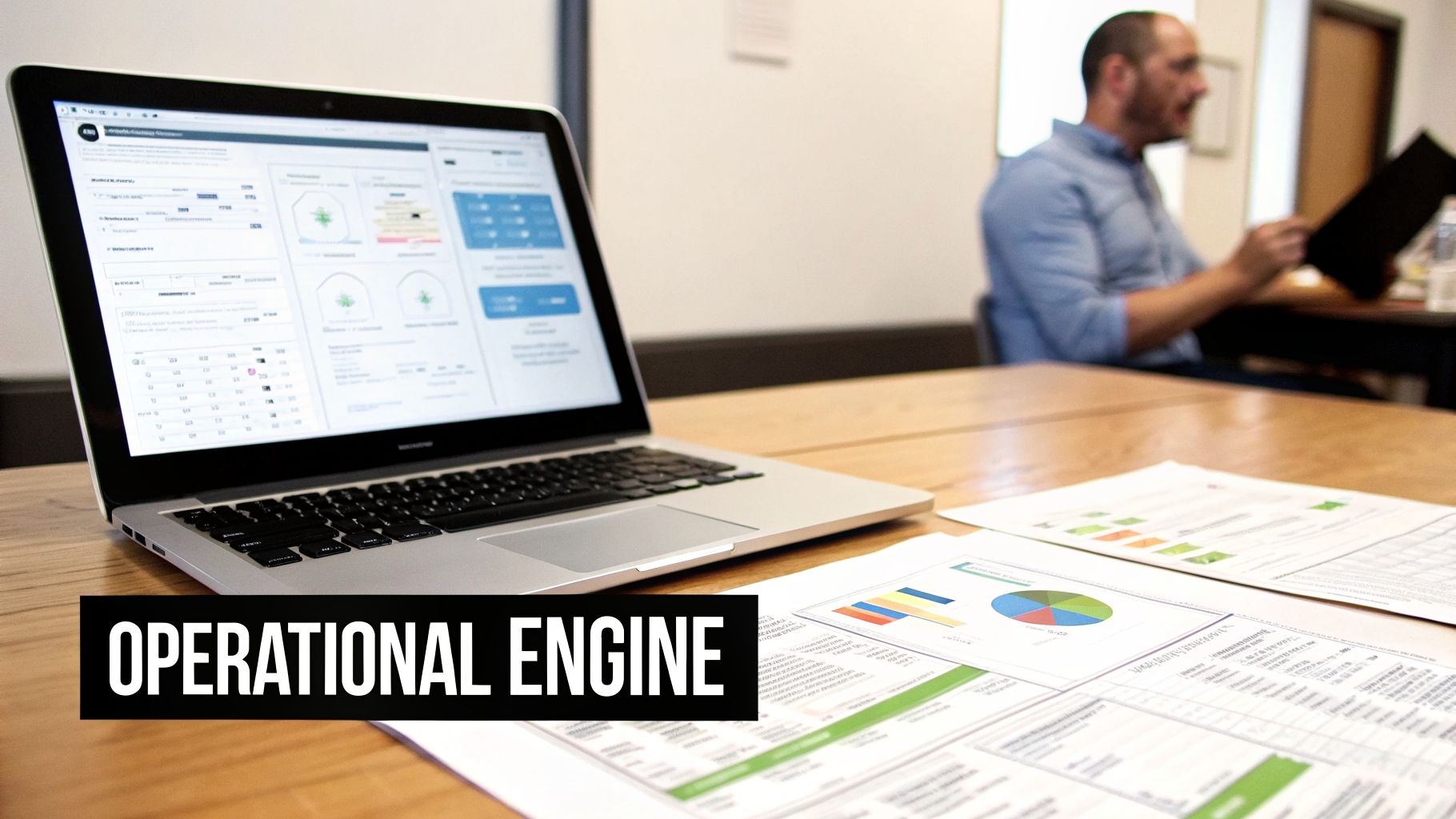 Laptop displaying a business dashboard with charts on a wooden desk, surrounded by analytical reports.