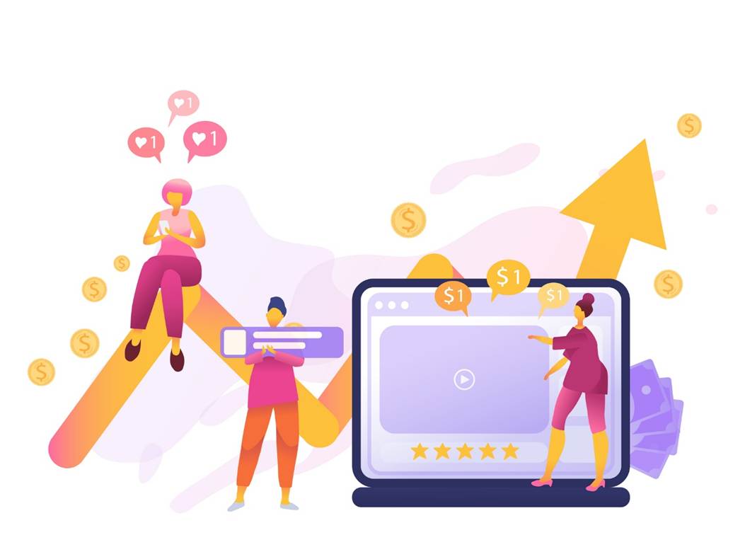 Flat illustration of creators driving revenue growth with a video content screen, star ratings, coins, and an upward arrow representing influencer campaign ROI.