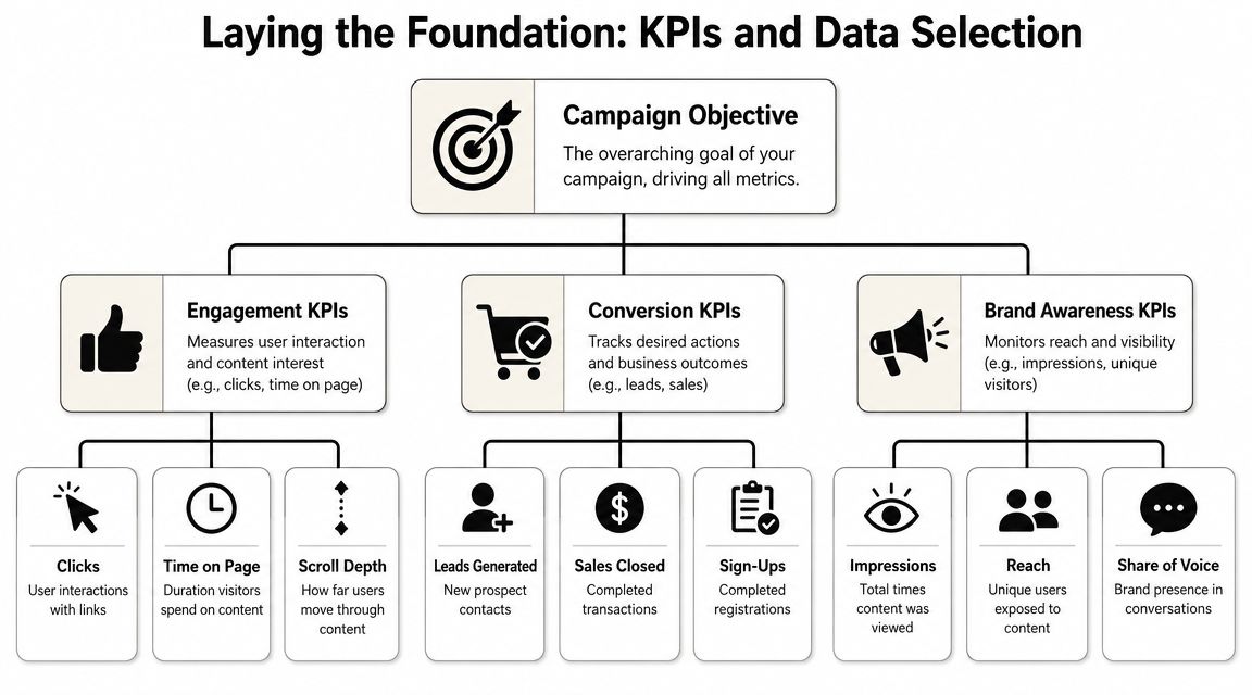 A hierarchy chart showing how campaign objectives drive engagement, conversion, and brand awareness marketing KPIs.