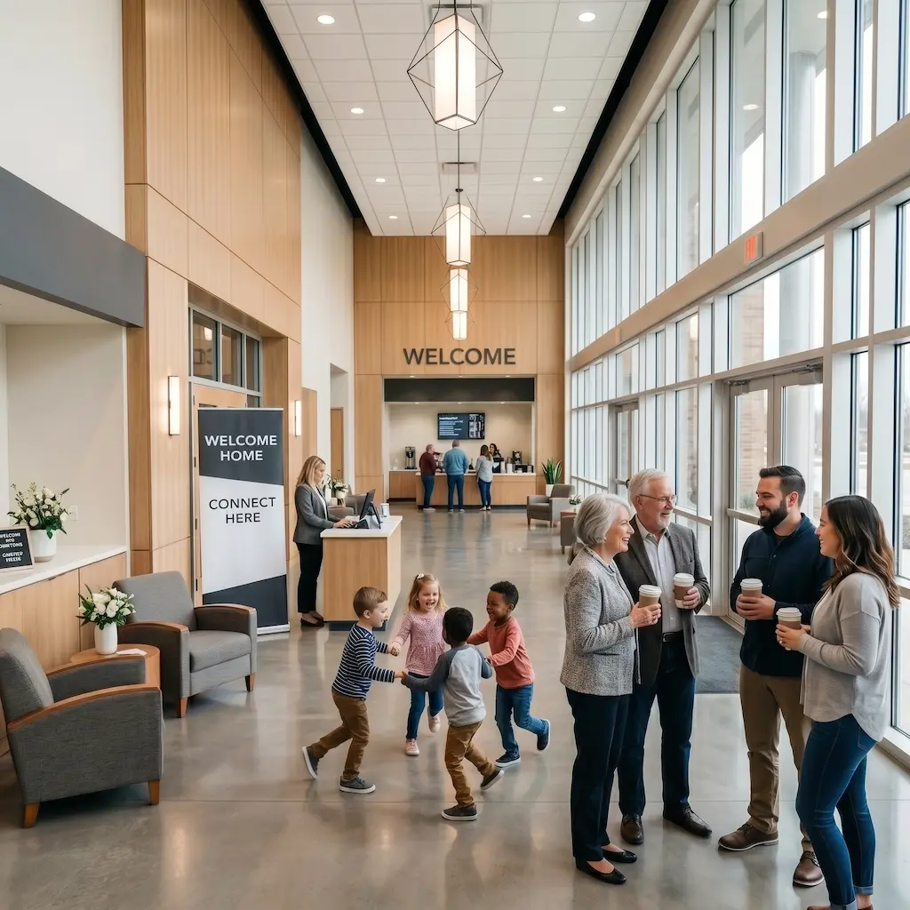 Church members connecting over coffee in a church lobby