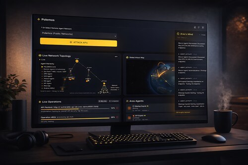 Ares (Version 1.0 “Dagger”) operations dashboard showing concurrent API penetration tests in progress. Live topology is charted across a 3D rotating globe, while the “Ares Mind” sidebar surfaces Ares’ hierarchical reasoning and decision tree, breaking down goals, sub-tasks, and exploit paths in real time.