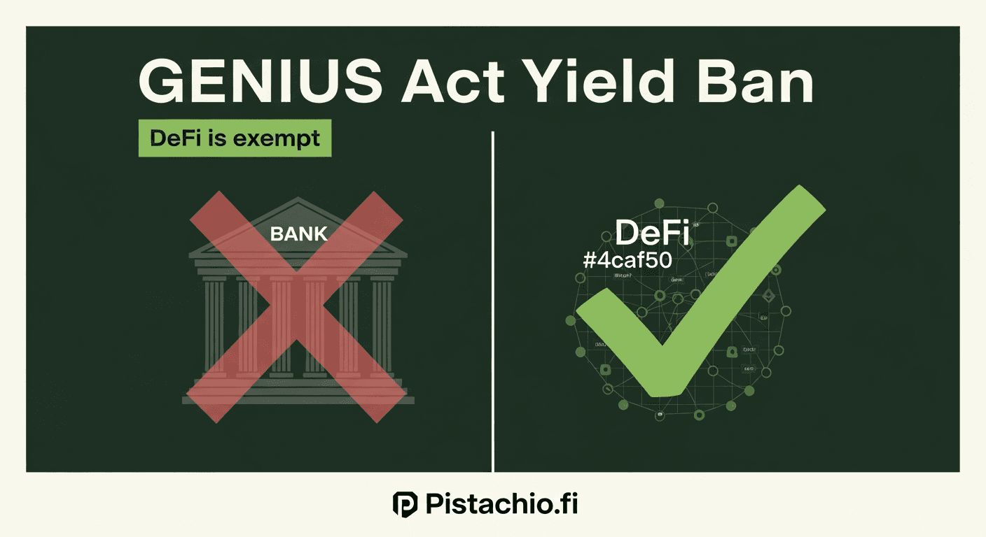 Scales of justice icon with stablecoin symbols USDC and USDT on one side and DeFi protocol logos on the other, on a dark green background with the text "DeFi yield: still legal"