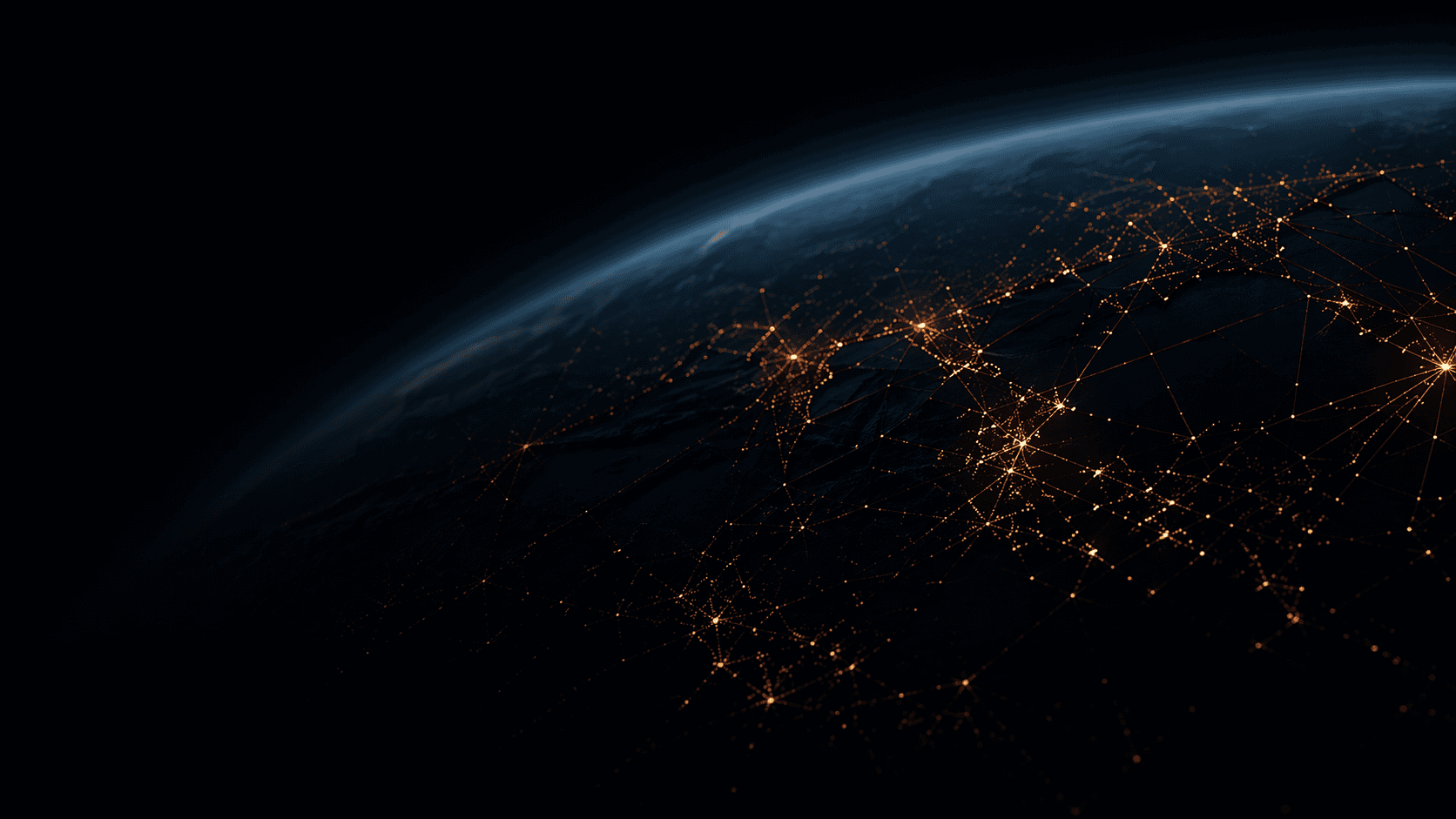 Abstract dark cybernetic global network with a curved planetary horizon and glowing amber connection nodes linked across a near-black surface, representing enterprise-scale connectivity, governed control and traceability, and coordinated execution across distributed operating environments.