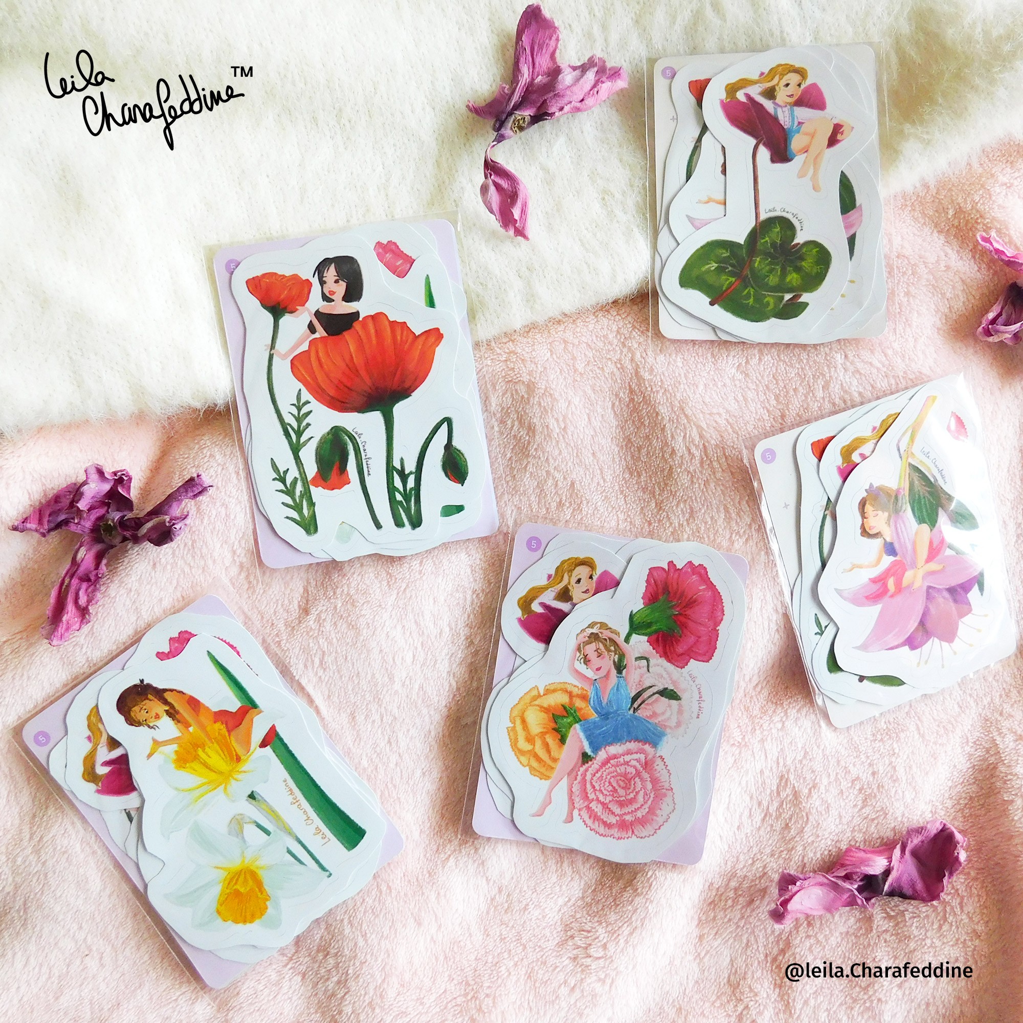 Leila Charafeddin stickers of girls in flowers
