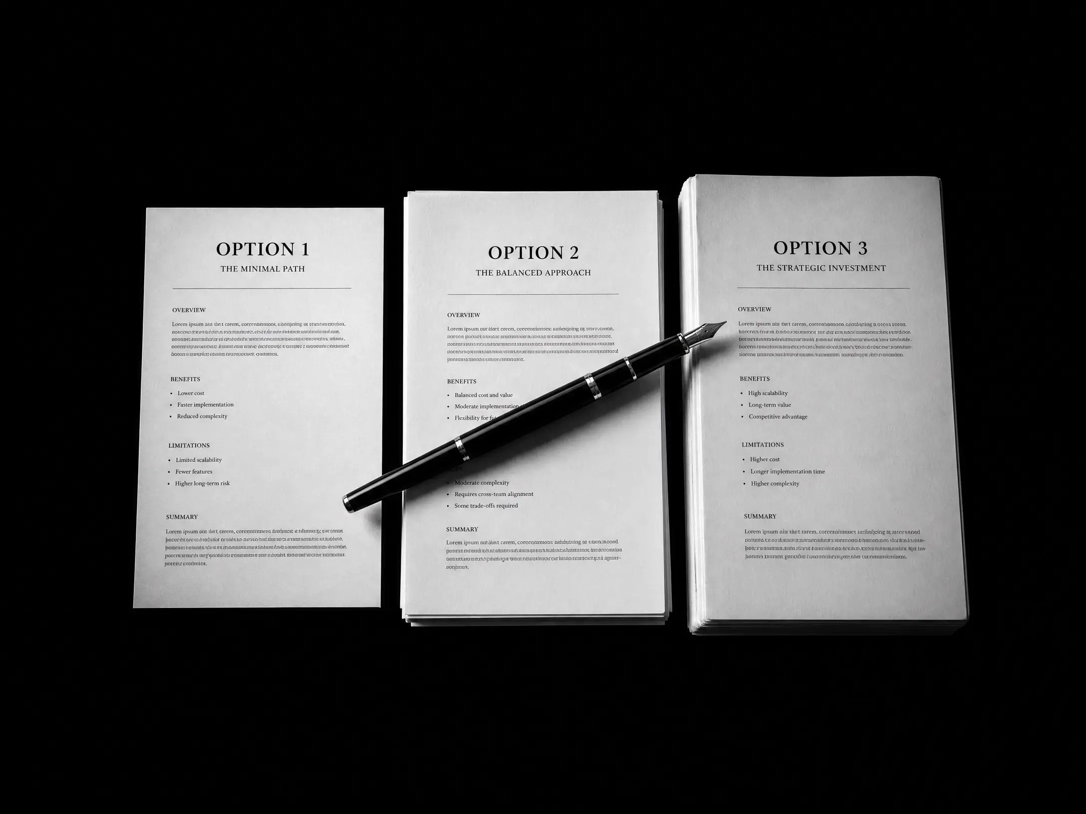 Trois dossiers « Option 1, 2, 3 » avec un stylo plume, illustrant la présentation des stratégies possibles lors de la consultation.