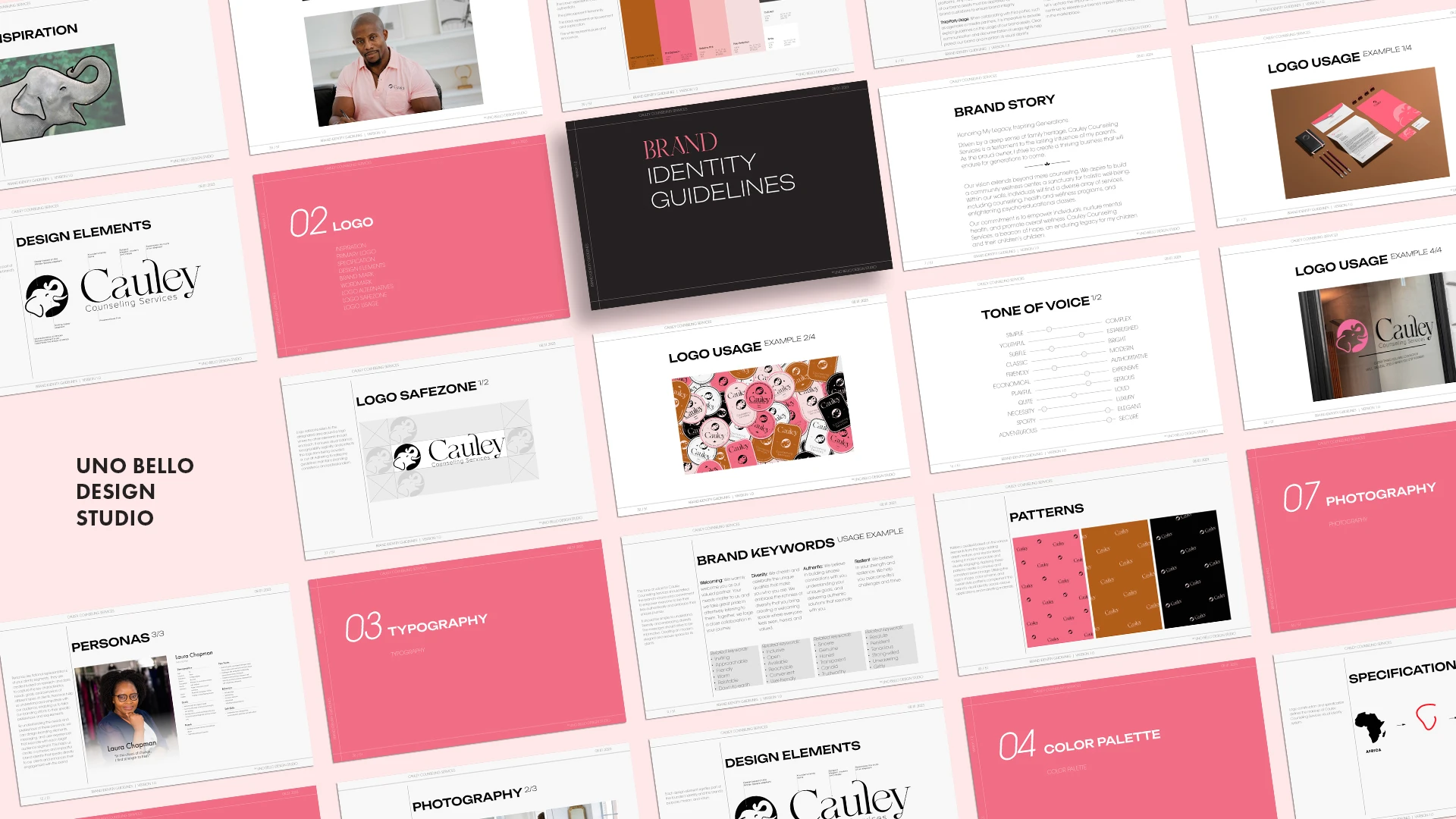 A collection of brand guideline slides for Cauley in an elegant style.