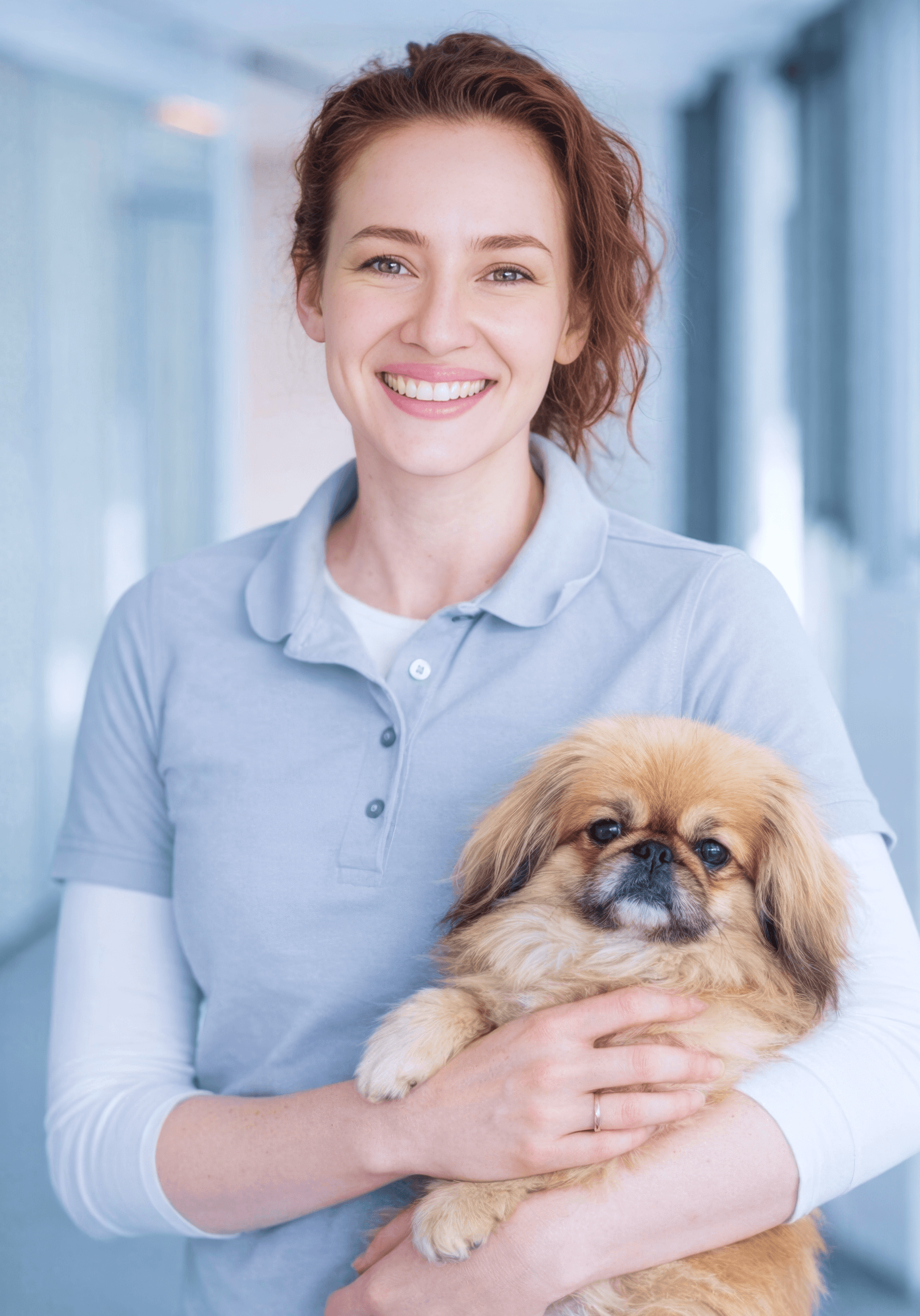 Dr. Eva Gasymova, Tierärztin für Zahnchirurgie, hält einen kleinen Hund auf dem Arm.