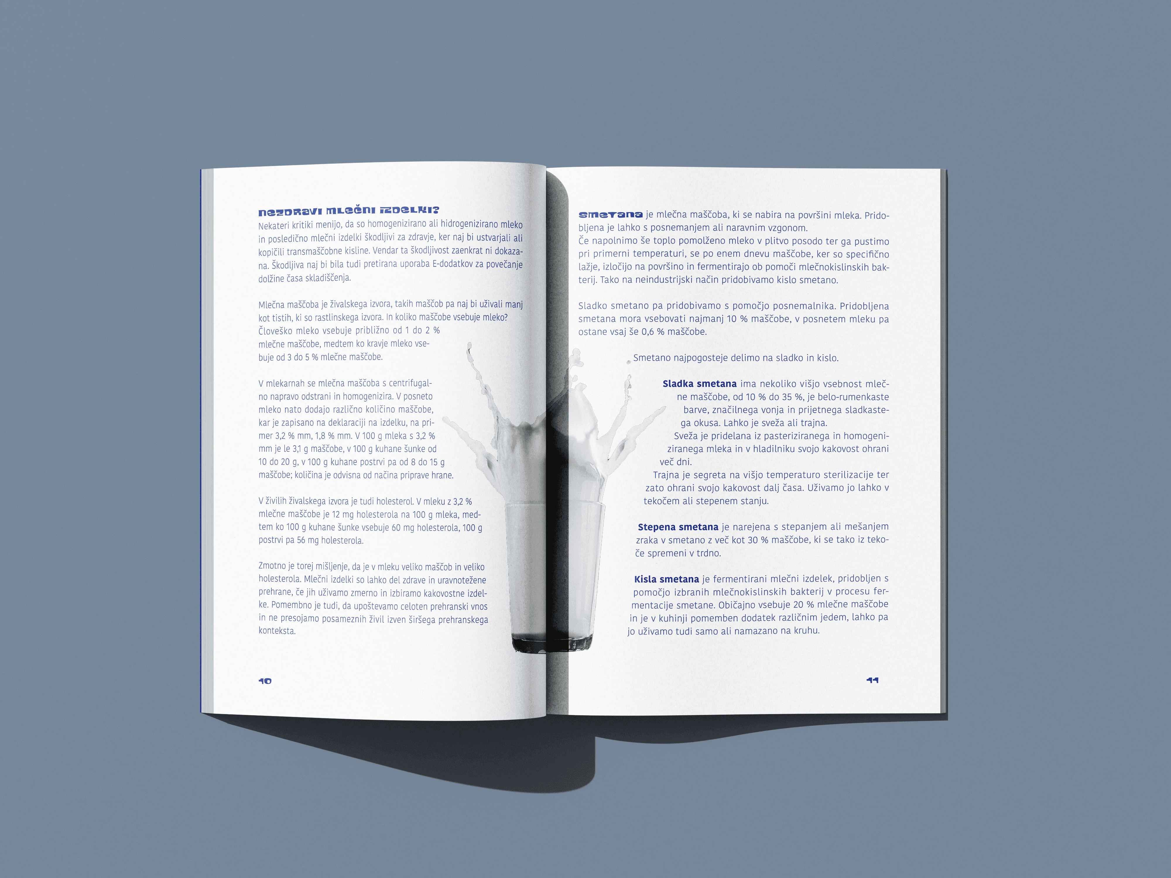 Brochure spread with a milk splash photo and text about dairy products.