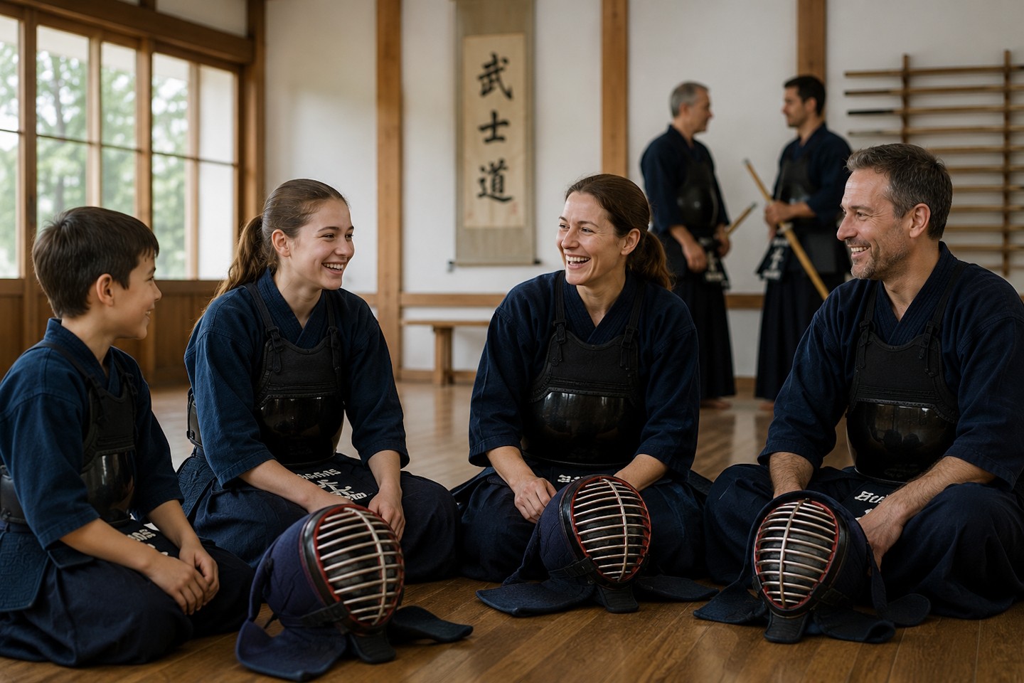 nfant, adolescente et adultes pratiquant le Kendo réunis dans le dojo.