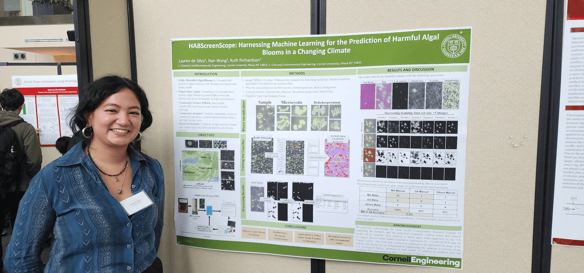 High school student presenting a science research poster at an academic conference