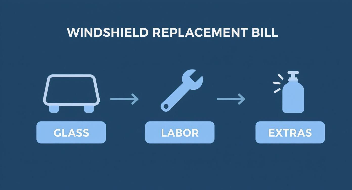 Infographic showing the cost components of a windshield replacement bill: glass, labor, and extras.