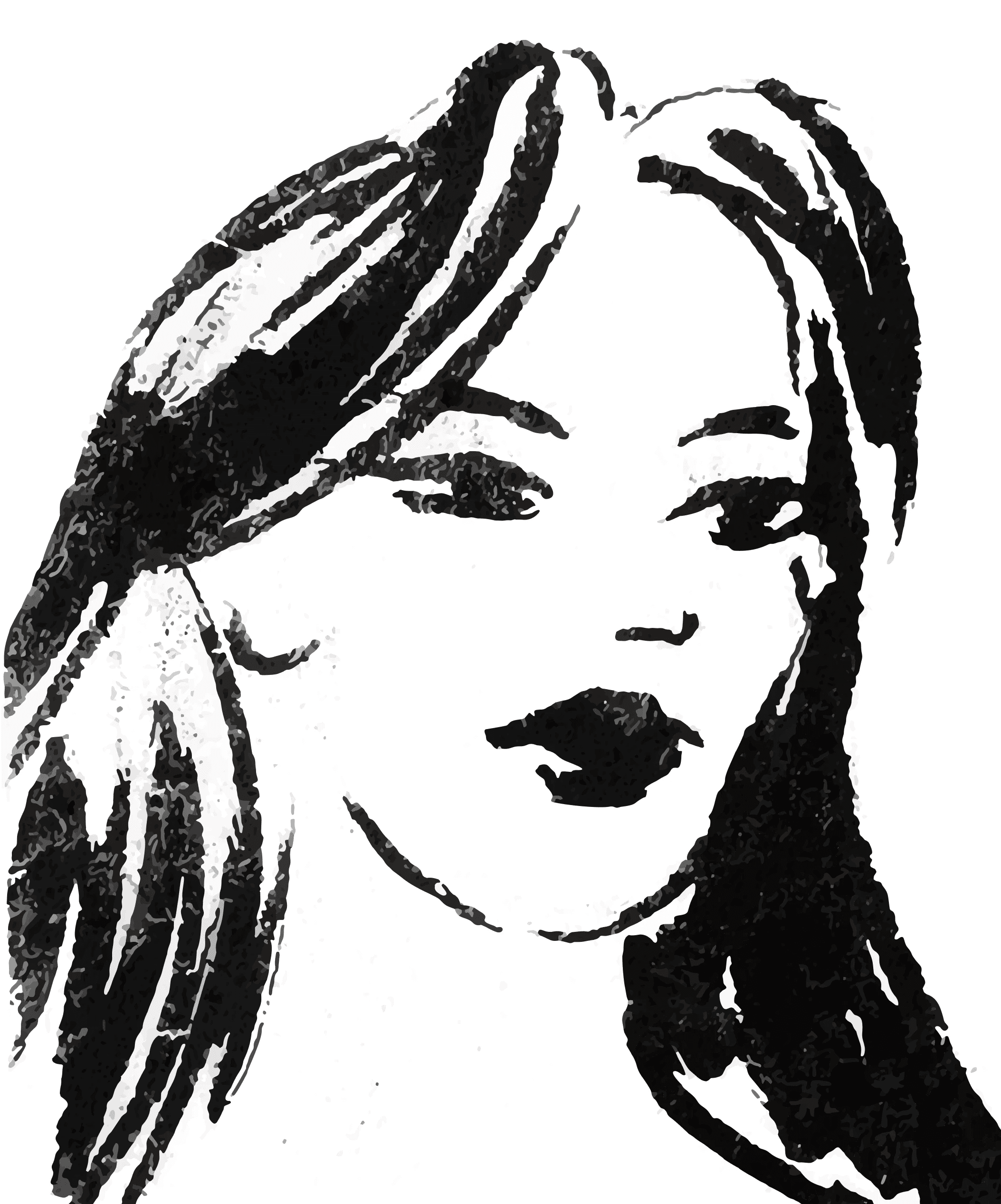 Black and white sketch of a woman's face, featuring long hair, full lips, and a downward gaze.
