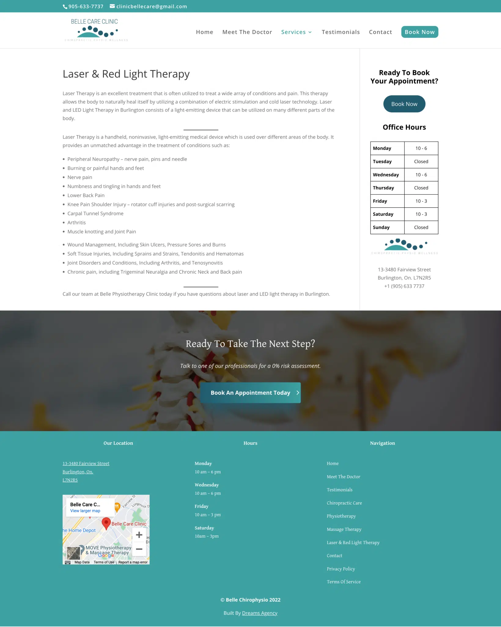 Laser Red Light Therapy page for bellechirophysio website developed & designed by Dreams Agency Mississauga, Ontario