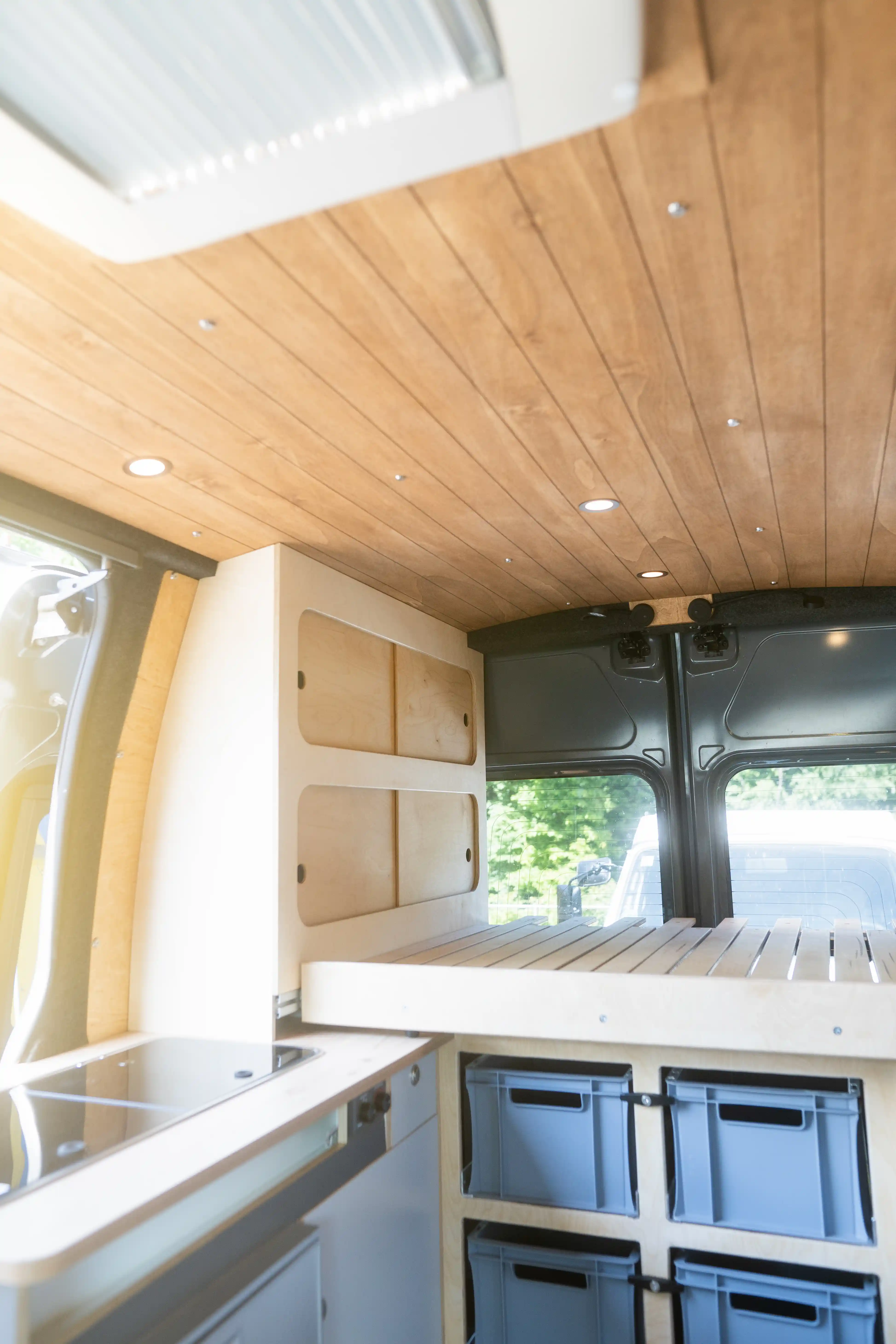Detailaufnahme des Dachhimmels aus Pappelsperrholz und Kleiderschrank aus Mulitplex im Renault Master Camper-Ausbau