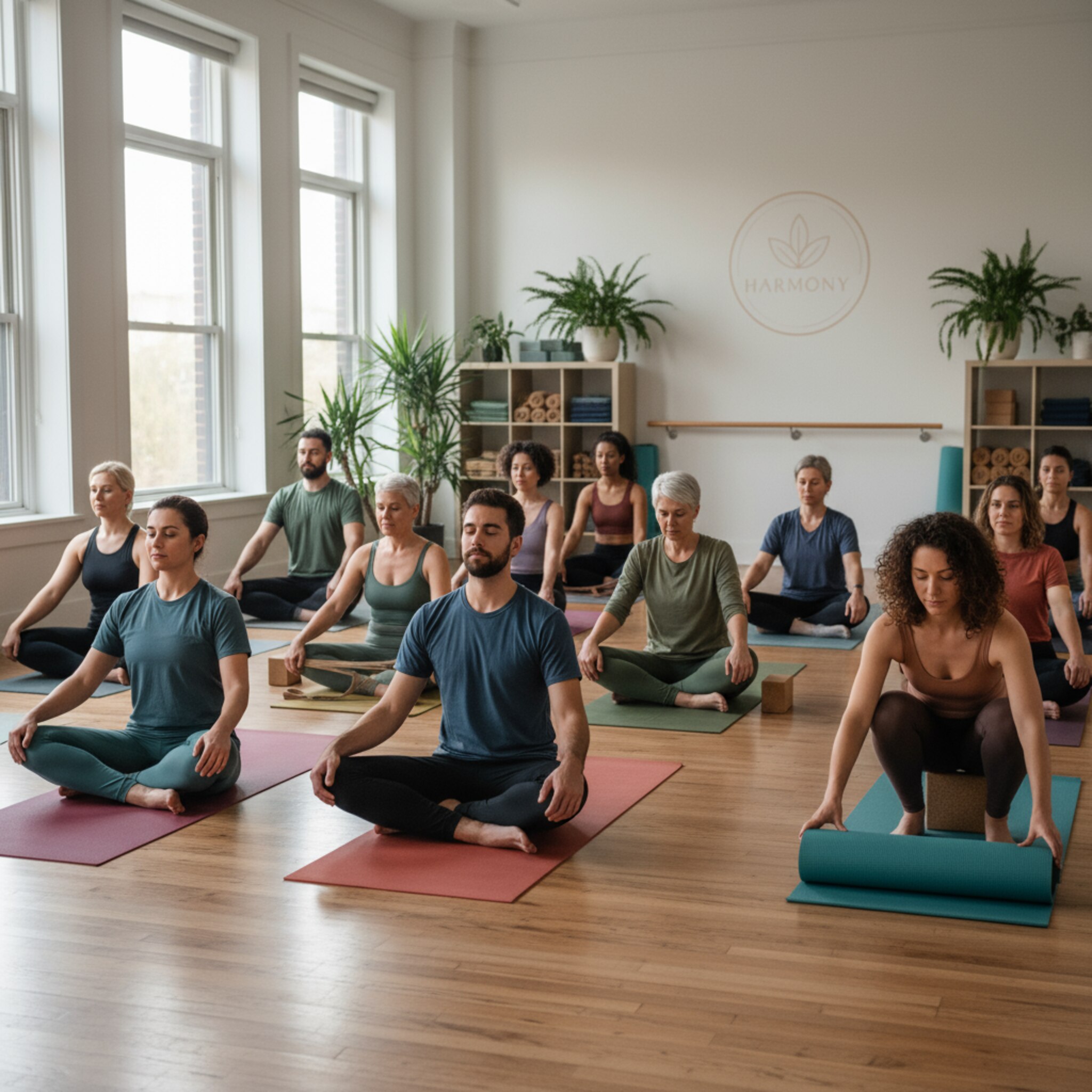 Gefülltes Yogastudio kurz vor Klassenbeginn, letzte Matte wird belegt, konzentrierte Stimmung, realistische Fotografie