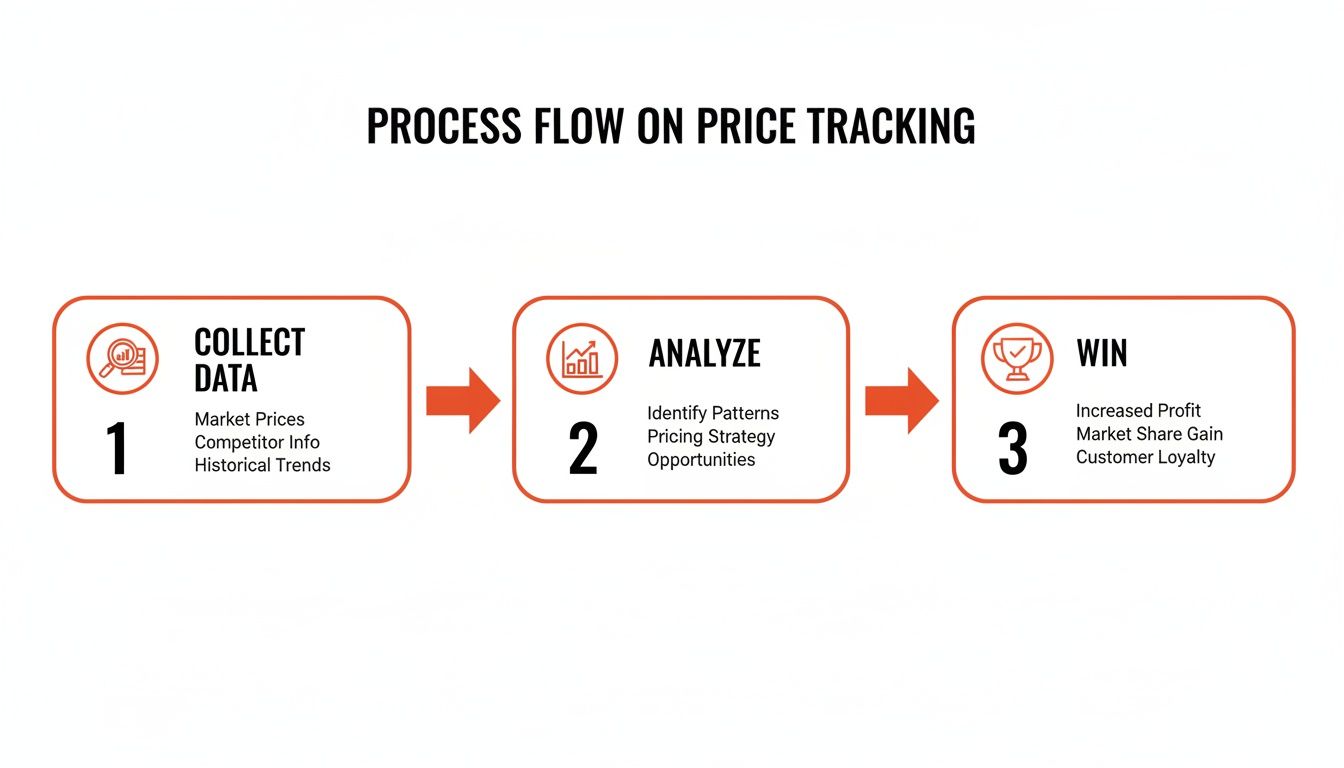 A three-step process flow diagram illustrating price tracking: collect data, analyze, and win.
