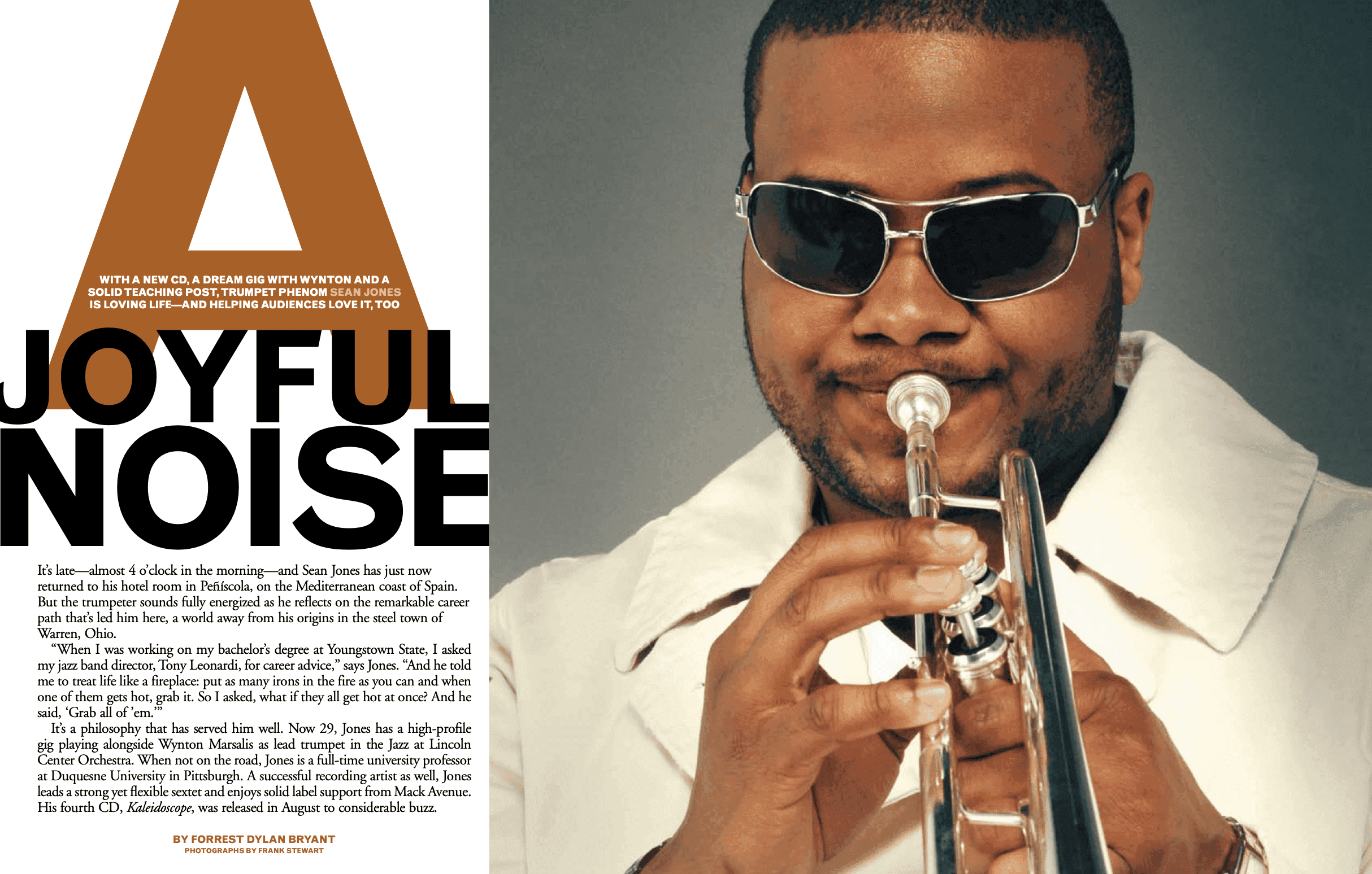 Two-page spread from JazzTimes magazine featuring trumpeter Sean Jones