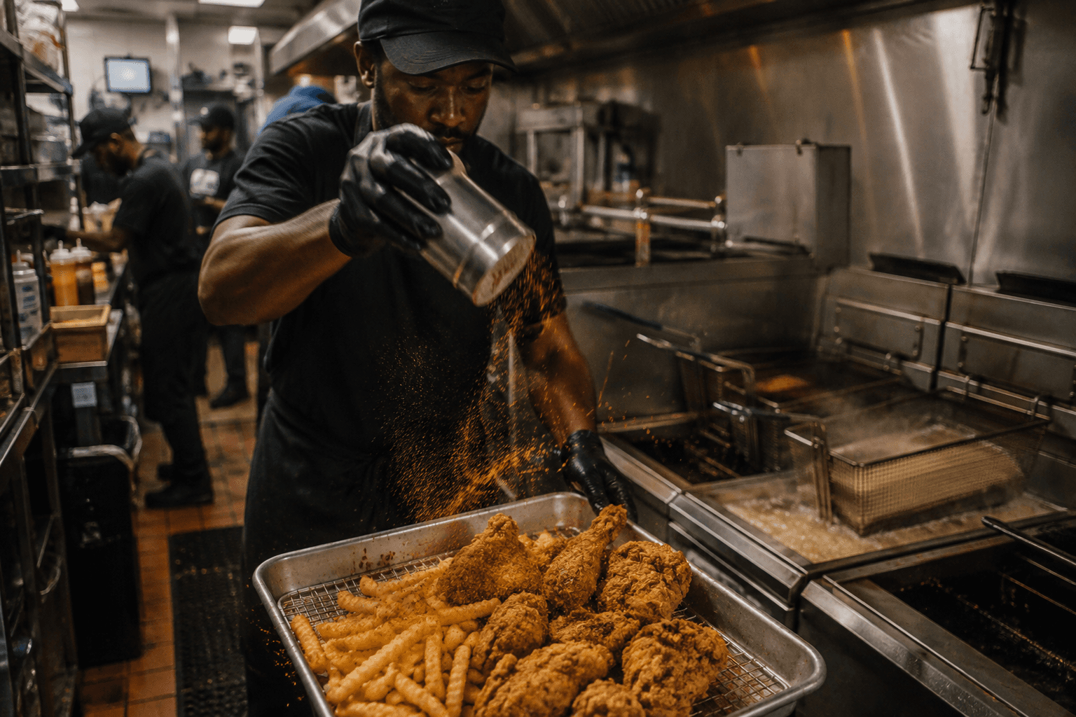 Line cook seasoning fried chicken and fries during a busy kitchen shift