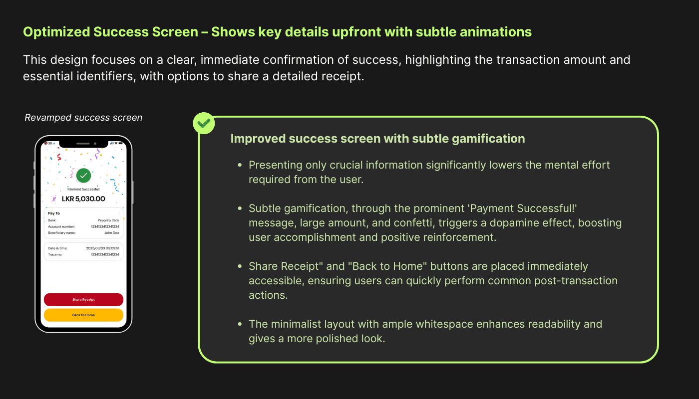Optimized Success Screen – Shows key details upfront with subtle animations