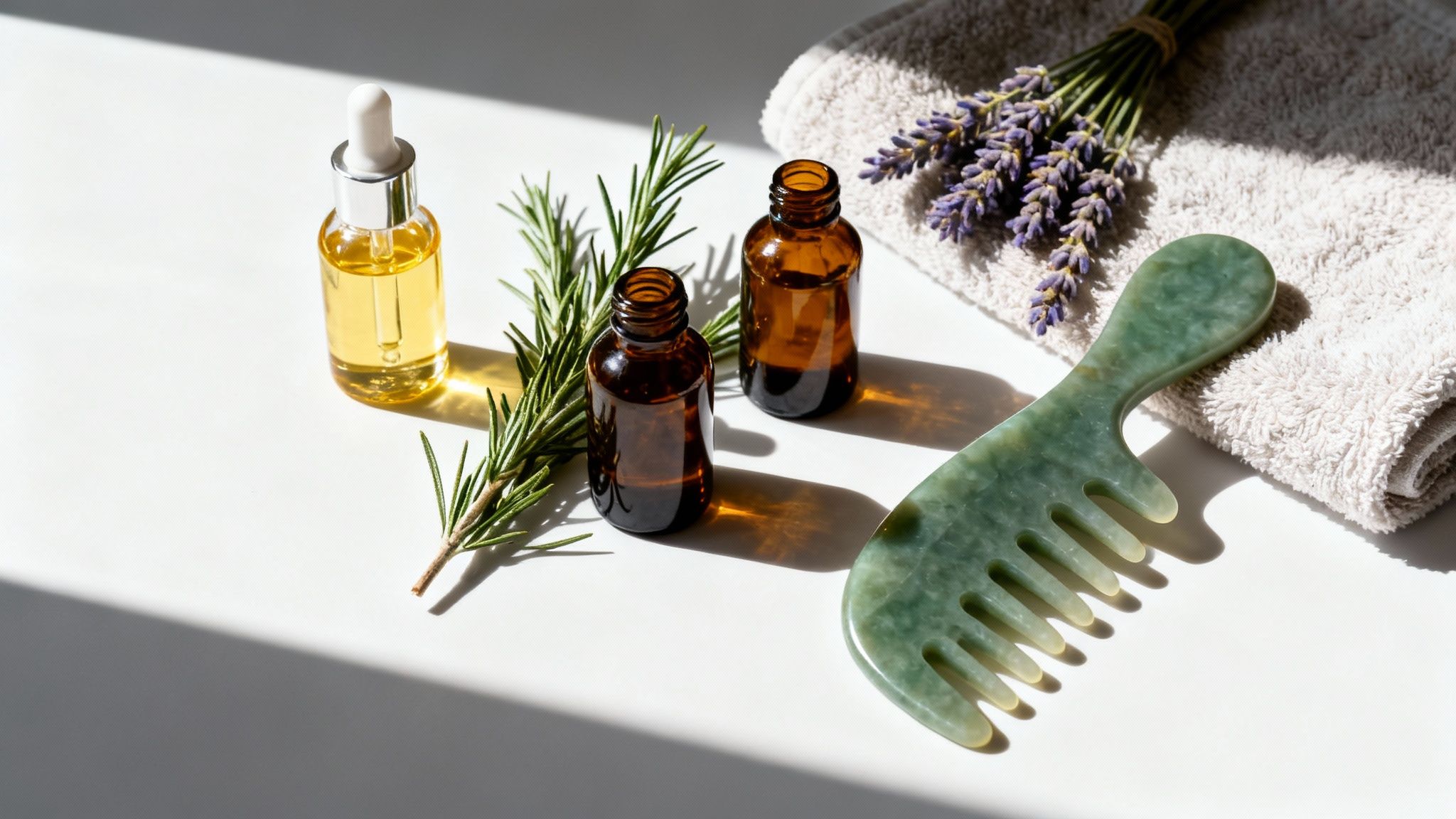 Natural hair care products including rosemary, lavender, essential oils, and a jade comb on white.