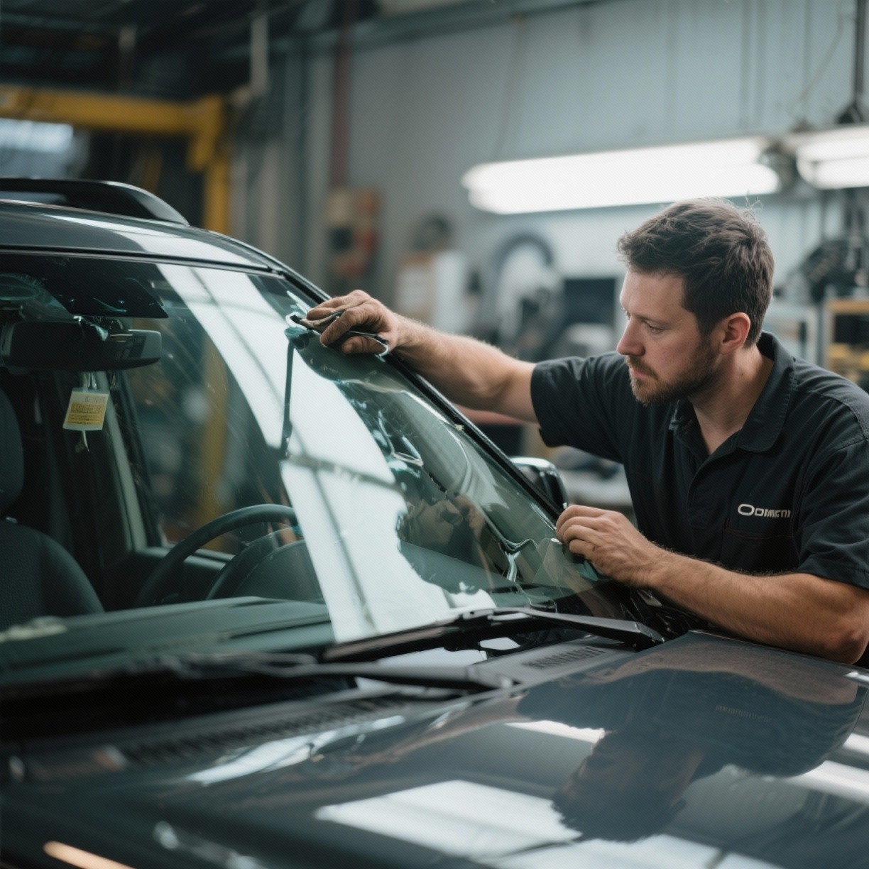 Technician installing OEM-quality windshield on a vehicle in Plant City, Florida