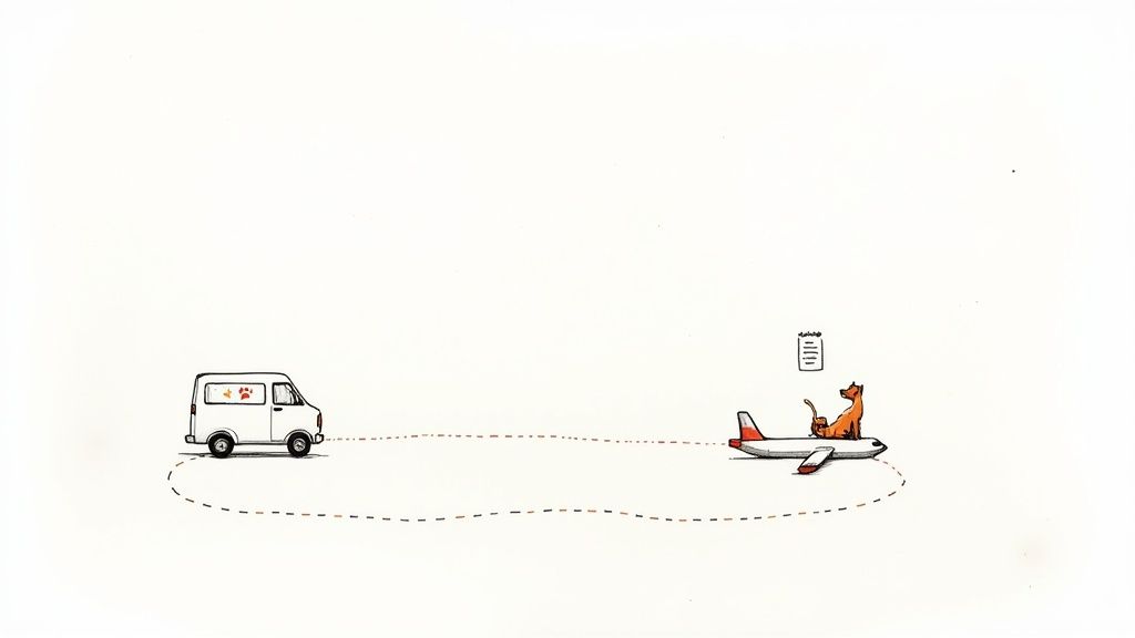 A whimsical drawing shows a van with paw prints and a dog flying on a small airplane.
