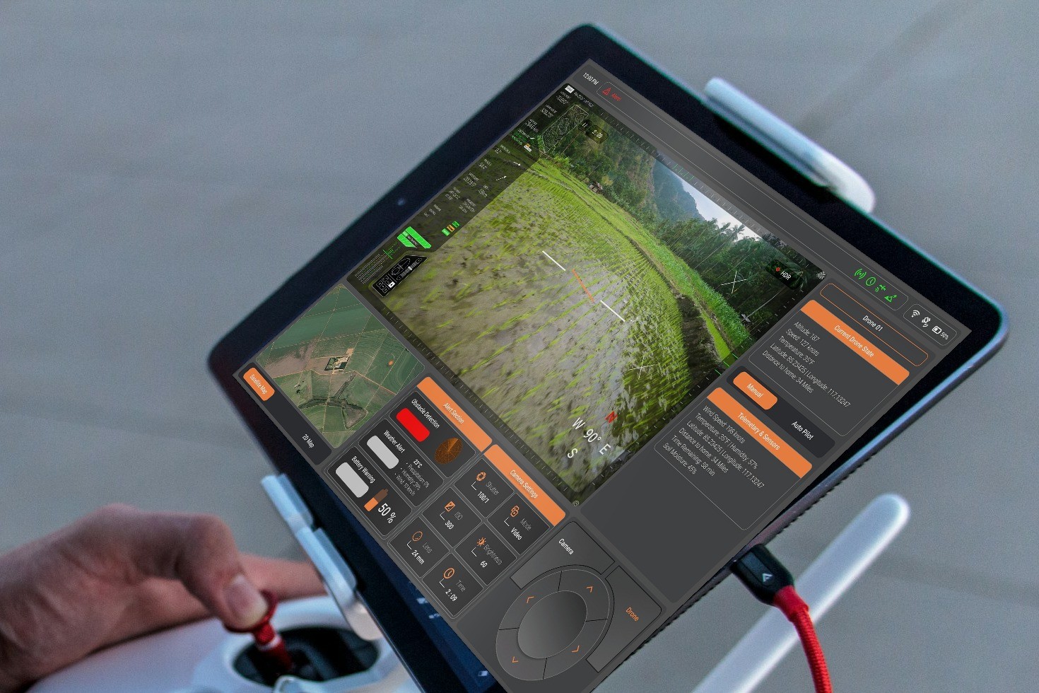 Crop Vision's UAV operator interface on a tablet mounted to a drone remote controller