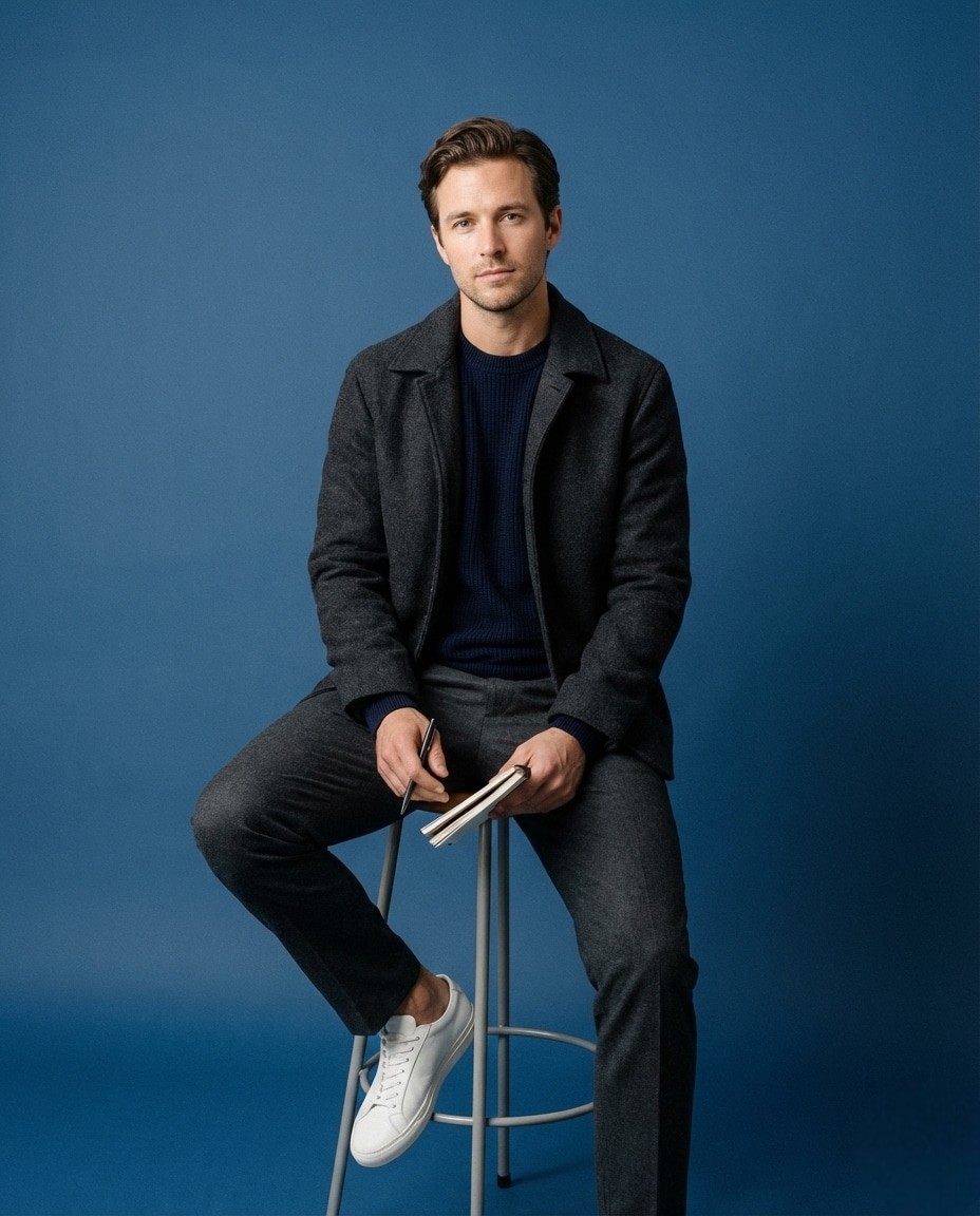 A man sits on a stool against a blue background, wearing a dark jacket and pants with white sneakers. He's holding a notebook and pen, conveying a calm, introspective mood.