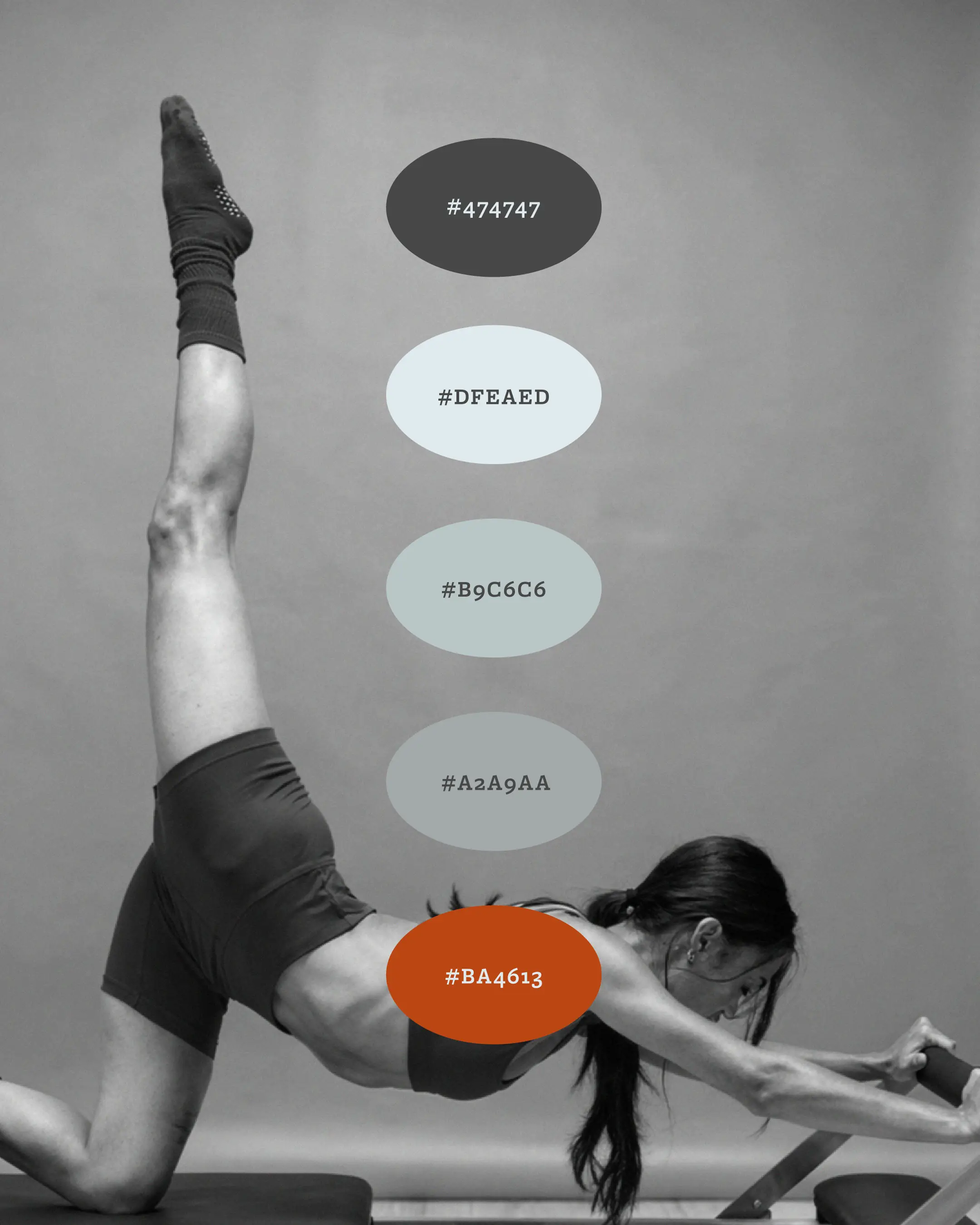 Reformr Pilates Studio brand colour palette — charcoal, sage, mist, and burnt orange accent with hex codes overlaid on reformer photography
