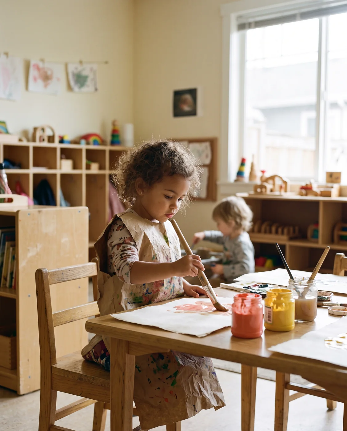 A three-year-old painting at a low oak table with jars of coral and yellow paint