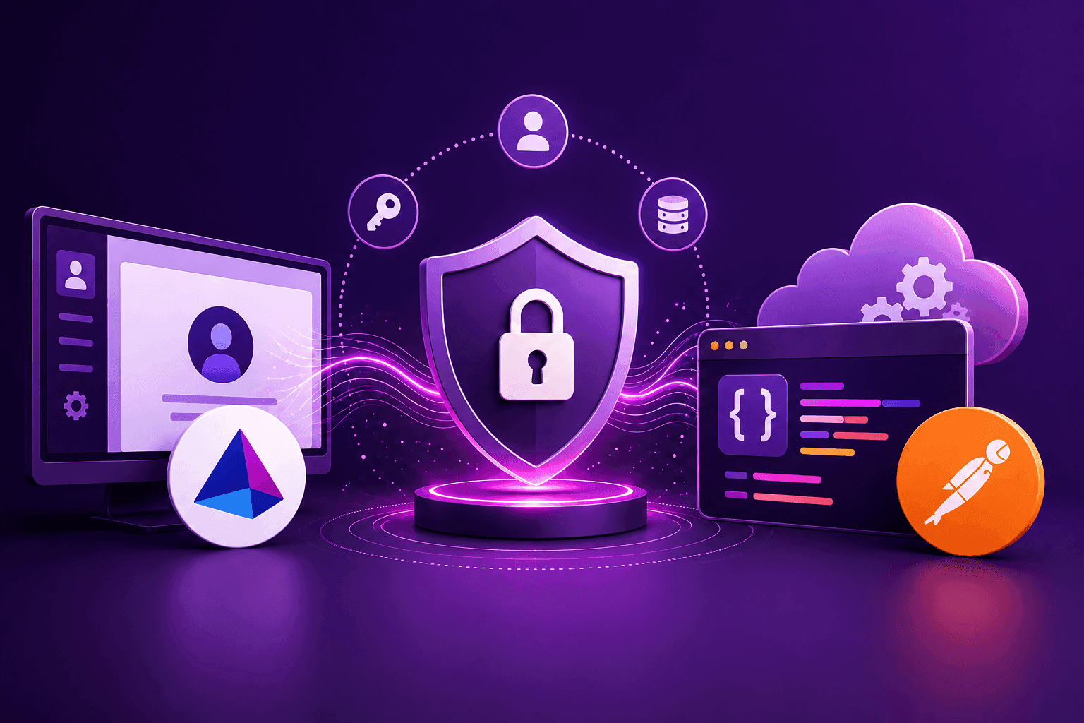 Cybersecurity and identity management illustration with a security shield, SailPoint, Postman, cloud, and API integration elements.