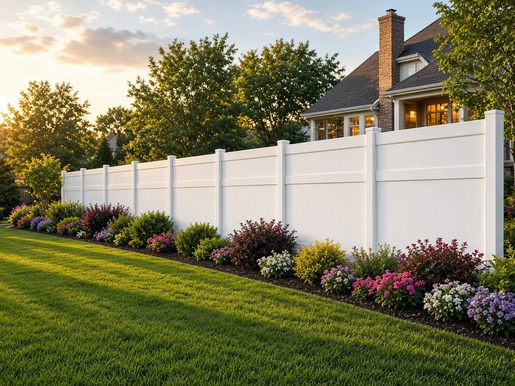 White vinyl privacy fence around a lush suburban backyard at golden hour