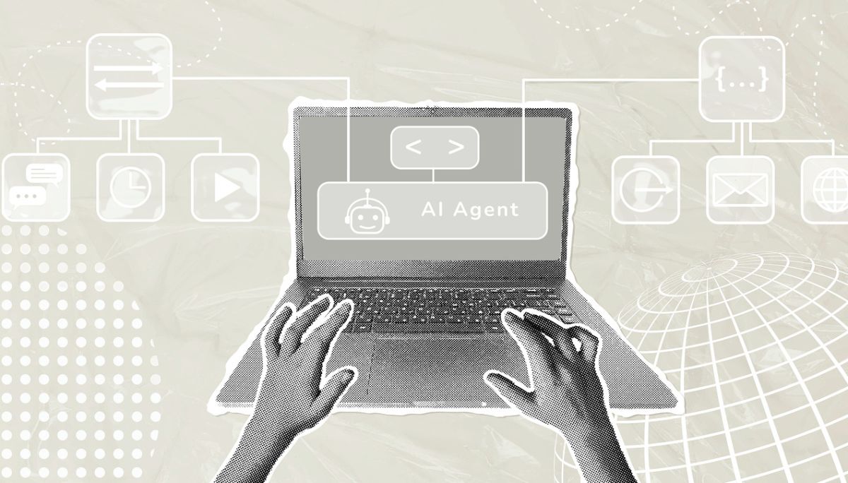 Laptop screen showing AI Agent with robot icon and connected digital functions, symbolizing AI email agents for inbox management.