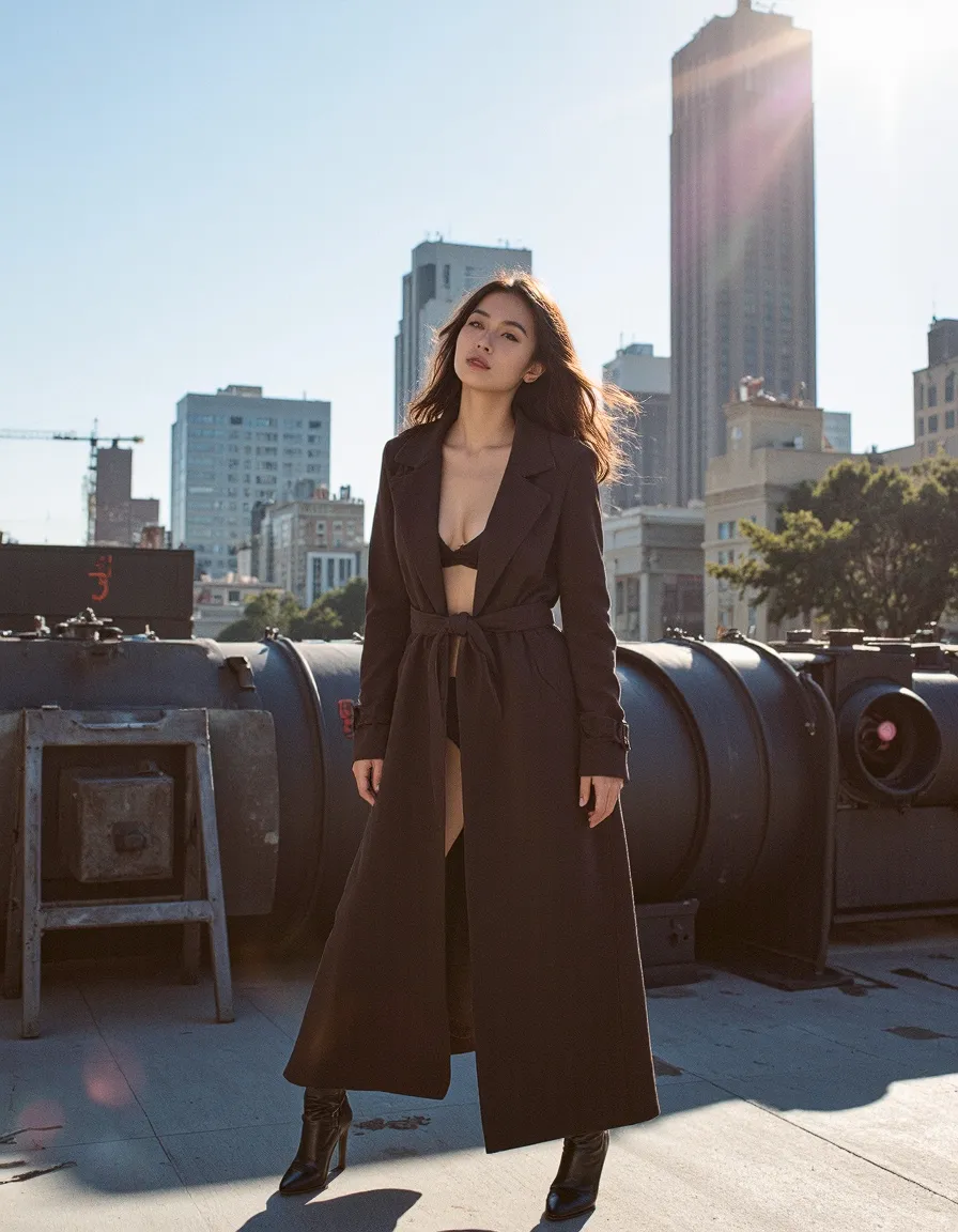 Woman in black coat on urban rooftop with city skyline backdrop during golden hour lighting