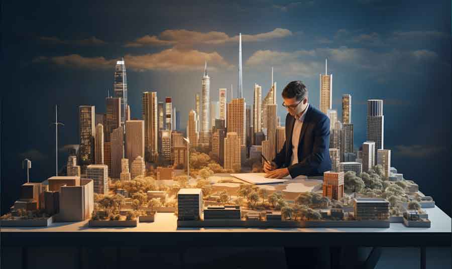 Een Asset manager werkt aan een bureau met miniatuurstad, Adalace