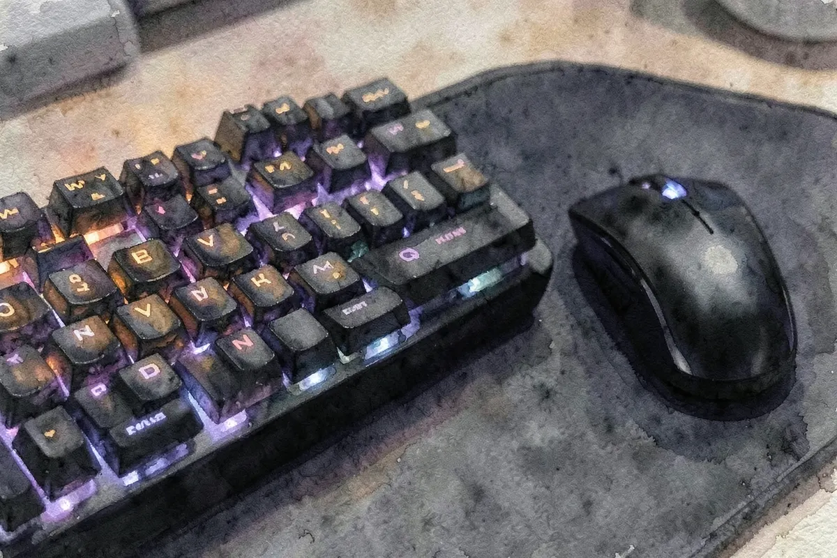 Um close-up de um teclado de computador com teclas iluminadas em RGB, com um mouse gamer ao lado.