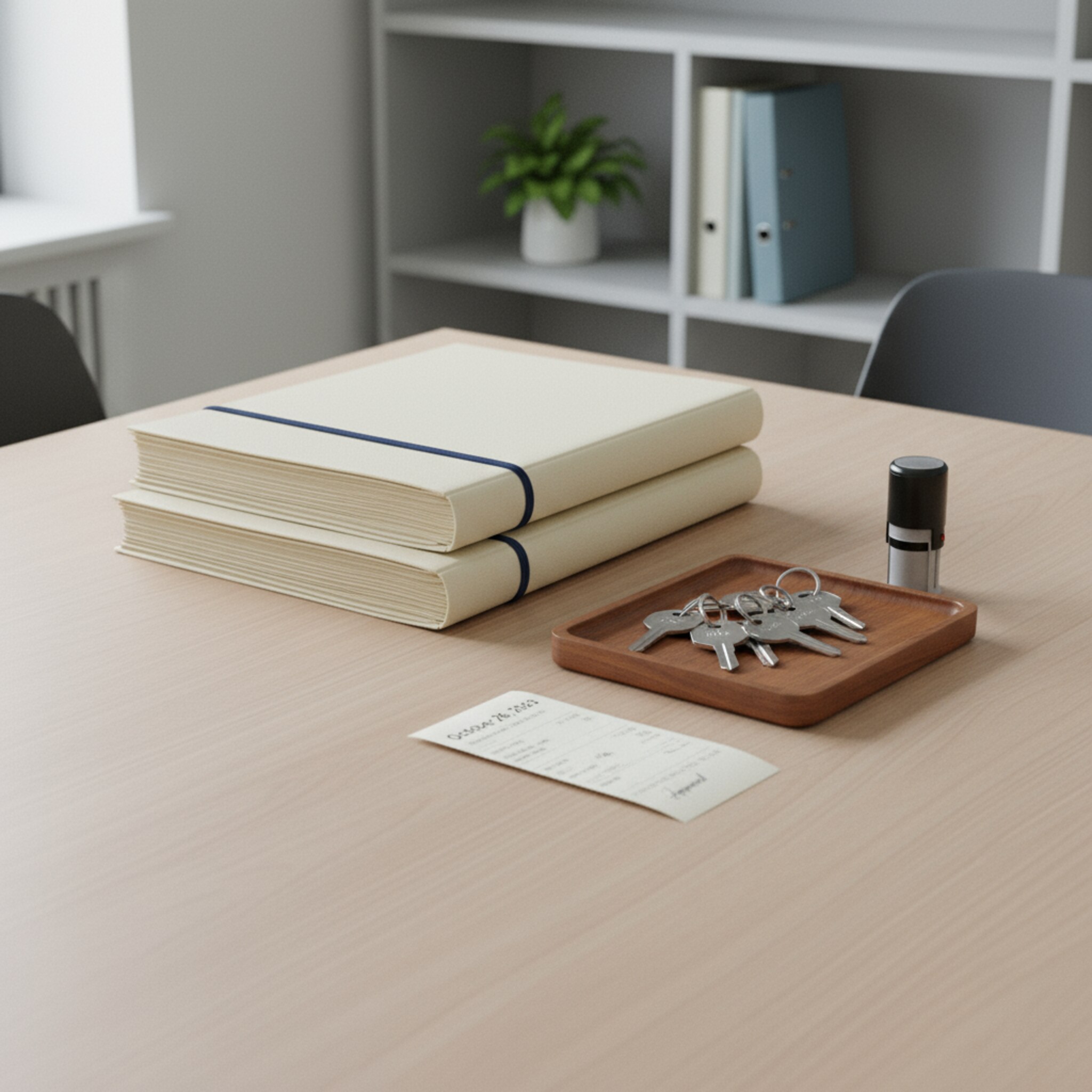 In einem aufgeräumten Besprechungsraum liegen sauber gestapelte Vertragsmappen neben nummerierten Schlüsselanhängern. Ein Stempel und ein datierter Beleg signalisieren Freigabe und Verbindlichkeit. Die Szene vermittelt Klarheit, Professionalität und verlässliche Abwicklung ohne Hektik.