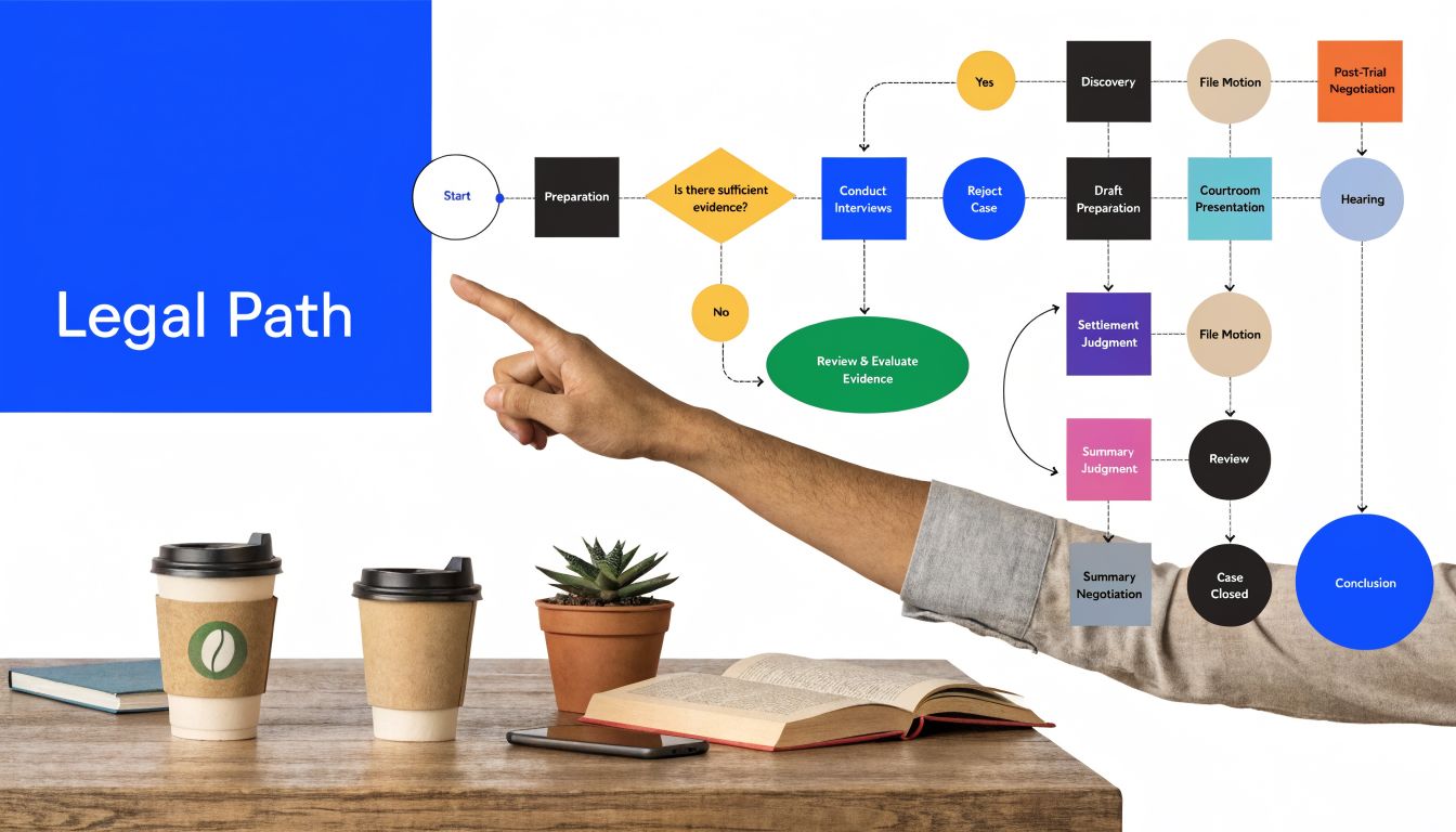 A hand points toward a detailed legal path flowchart on a bright blue background over a desk.