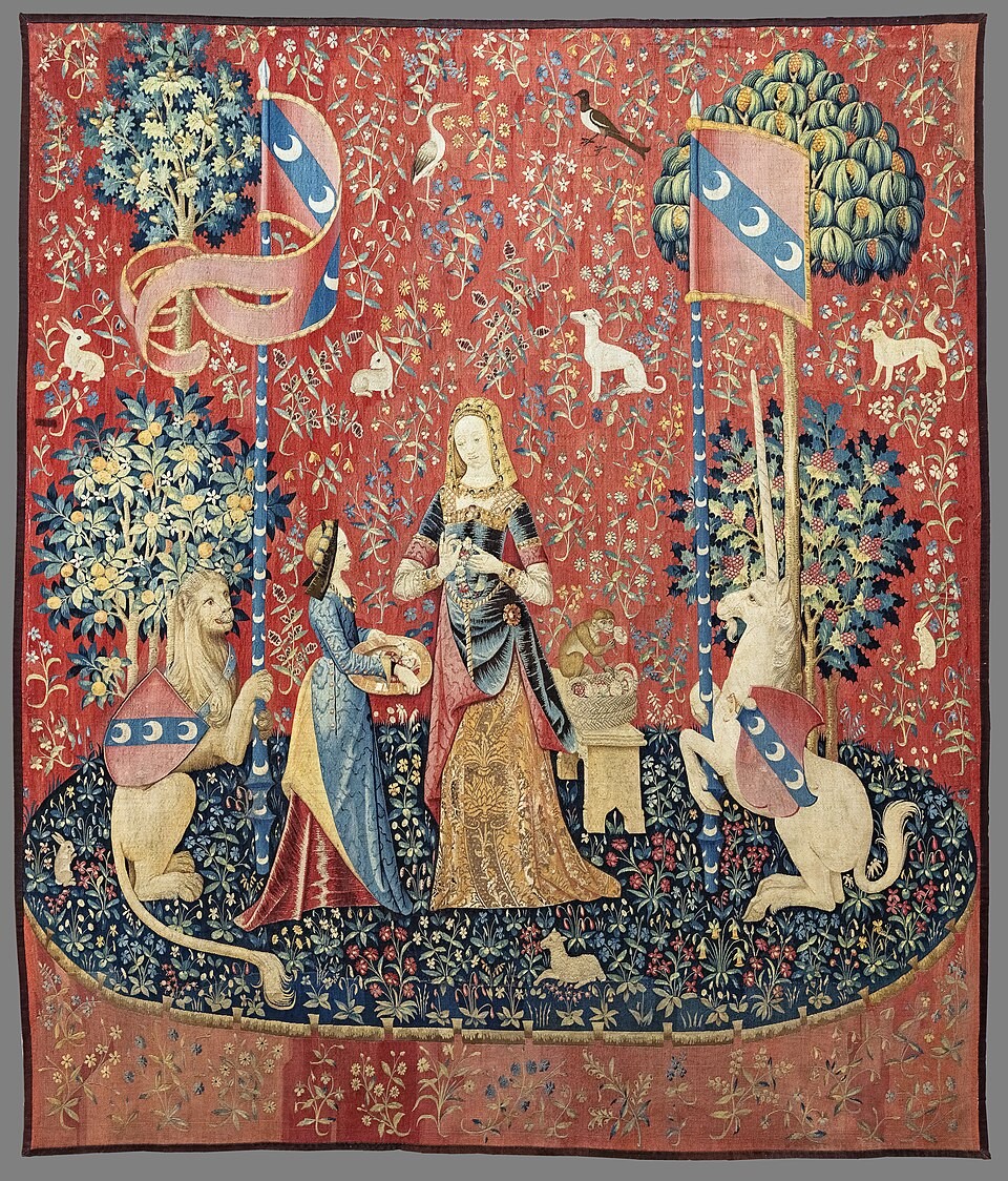 A close-up of the Smell tapestry which is part of The Lady and the Unicorn collection of tapestries housed at the Musee de Cluny in Paris. 