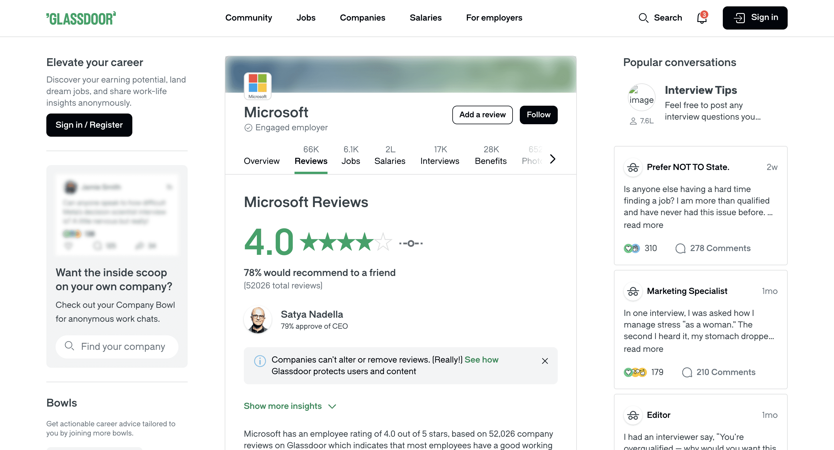 Company reviews of Microsoft.com from Glassdoor website