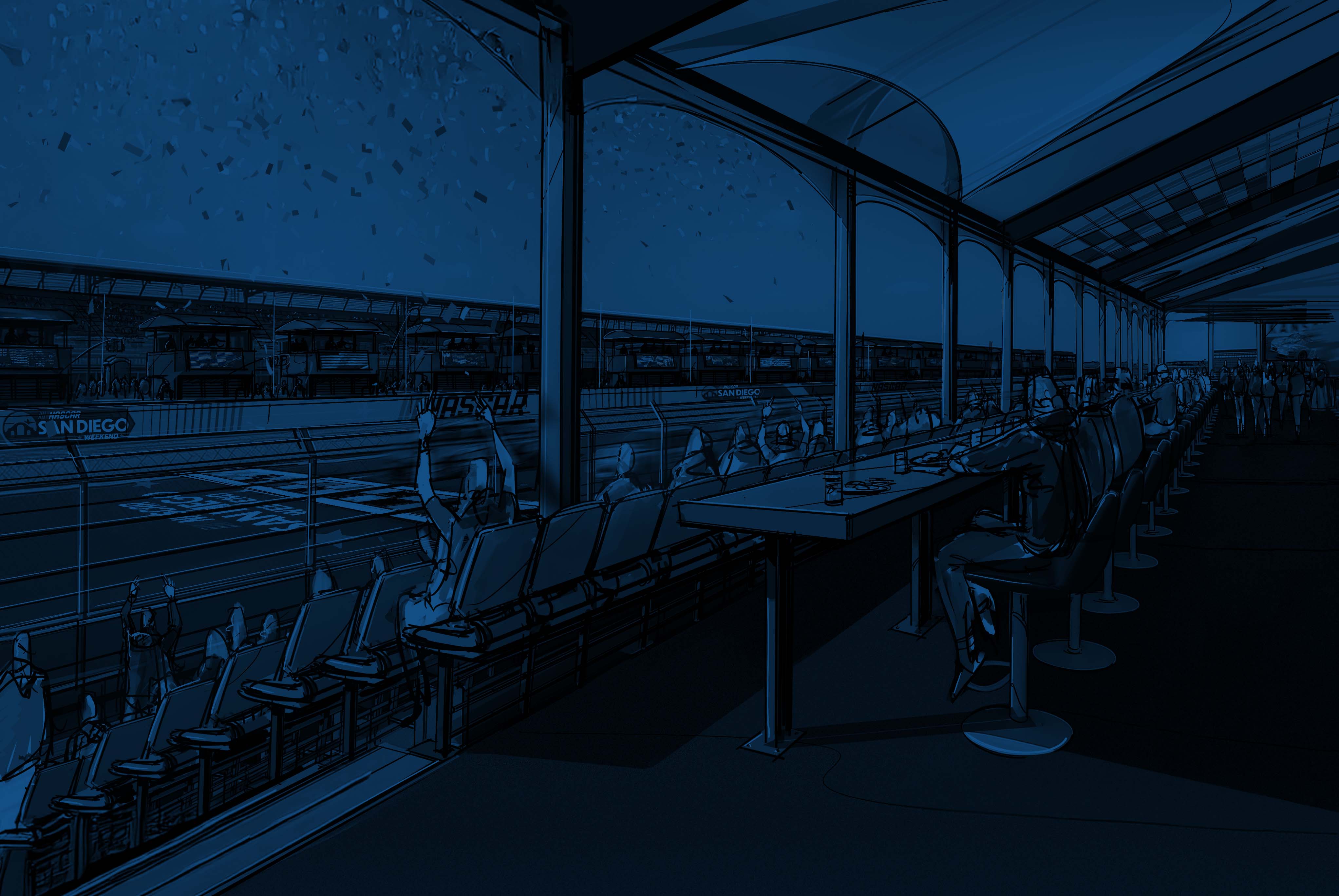 Illustration of covered VIP viewing suite above NASCAR track with fans watching the finish line.